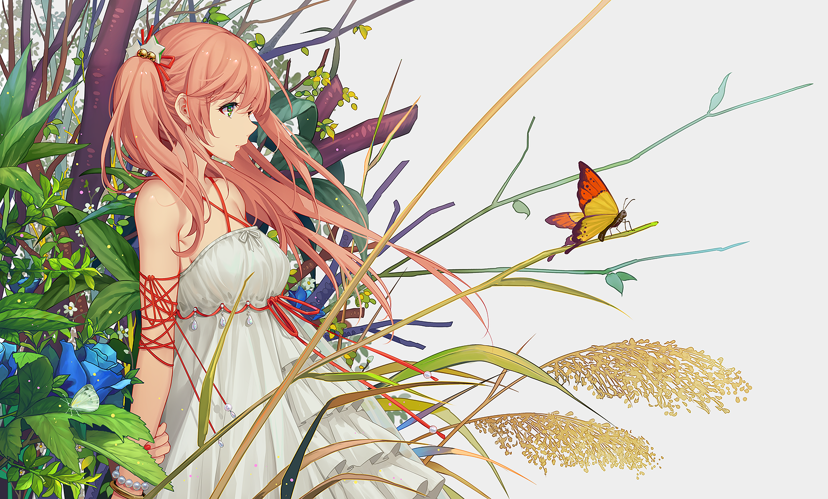 pink hair, nature, butterfly, white background, HD Wallpaper