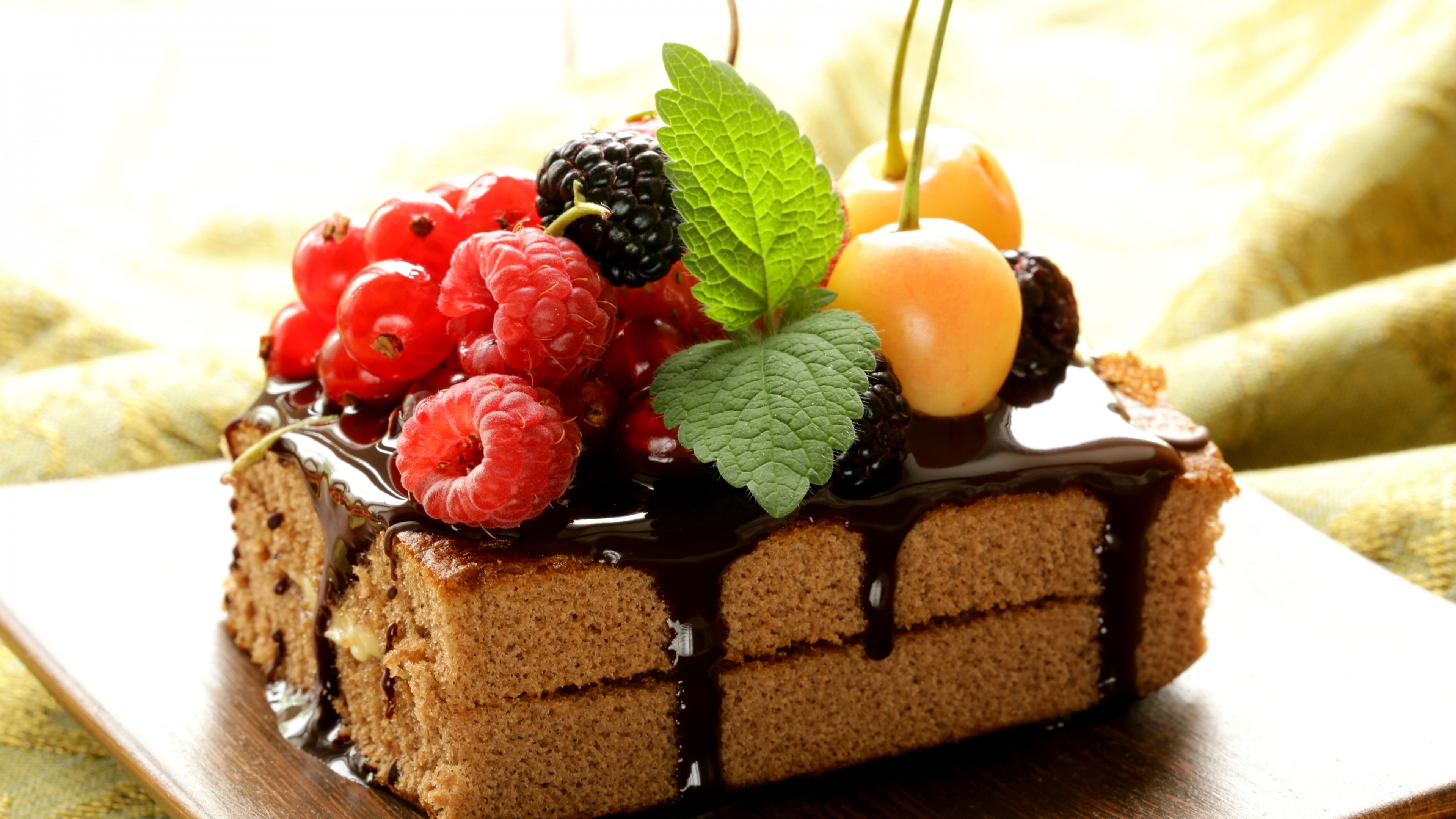 cake, chocolate, fruit, food, raspberries, blackberries, cherries, HD Wallpaper