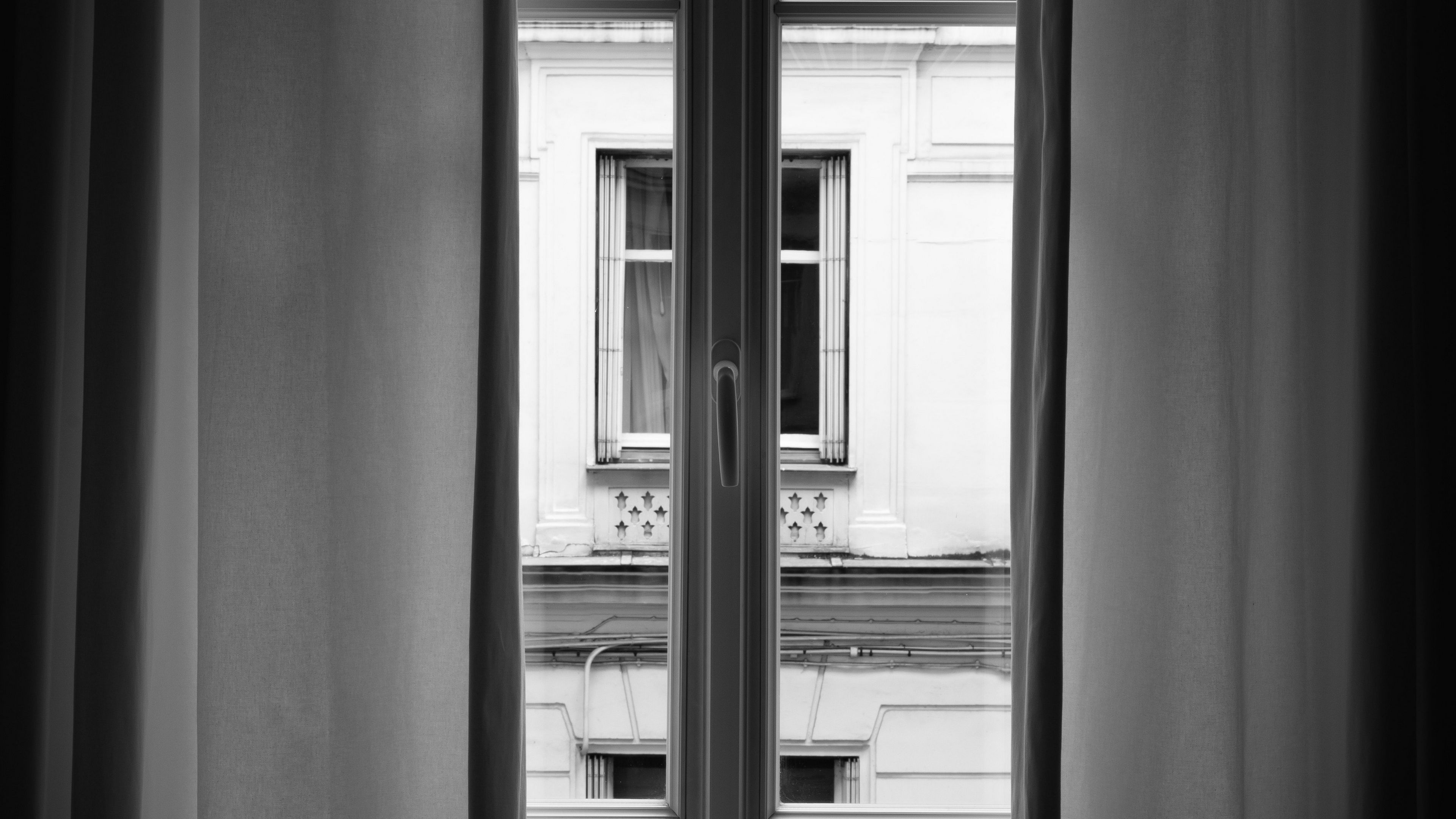 window, bw, interior, curtains, view, 4k, HD Wallpaper