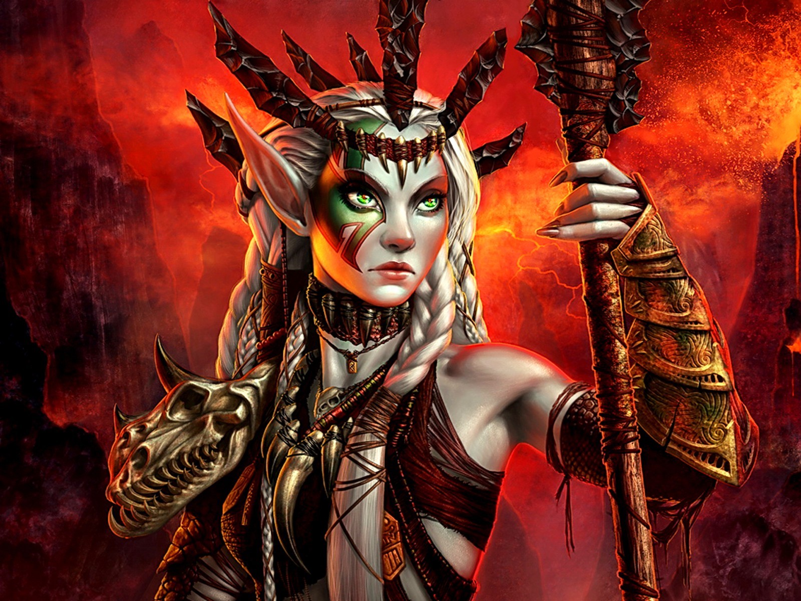Gamer, Magic: The Gathering, green eyes, fantasy girl, dark fantasy, blonde, skull, fantasy art, HD Wallpaper