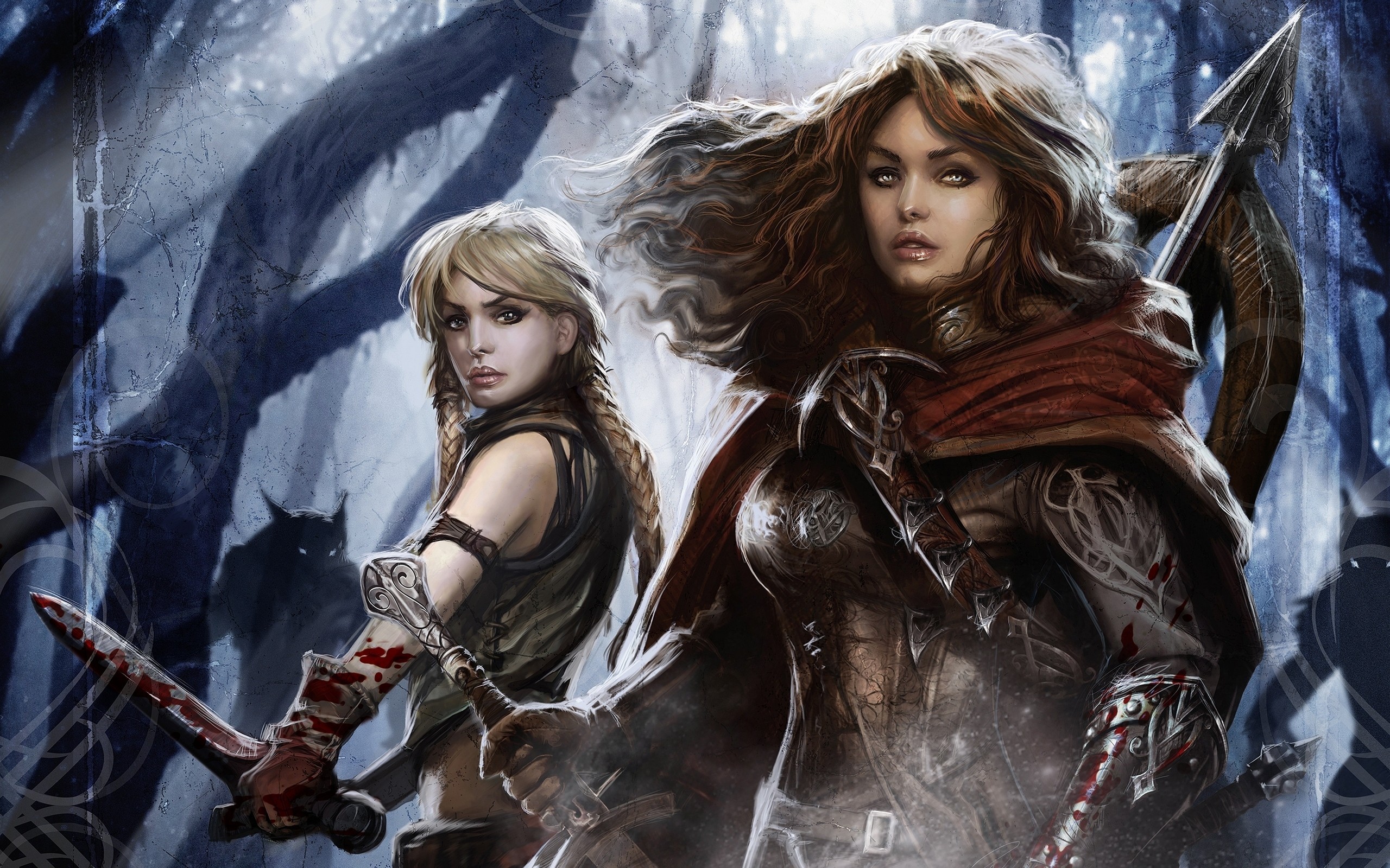 Magic: The Gathering, Gamer, fantasy girl, blood, brunette, blonde, fantasy art, HD Wallpaper