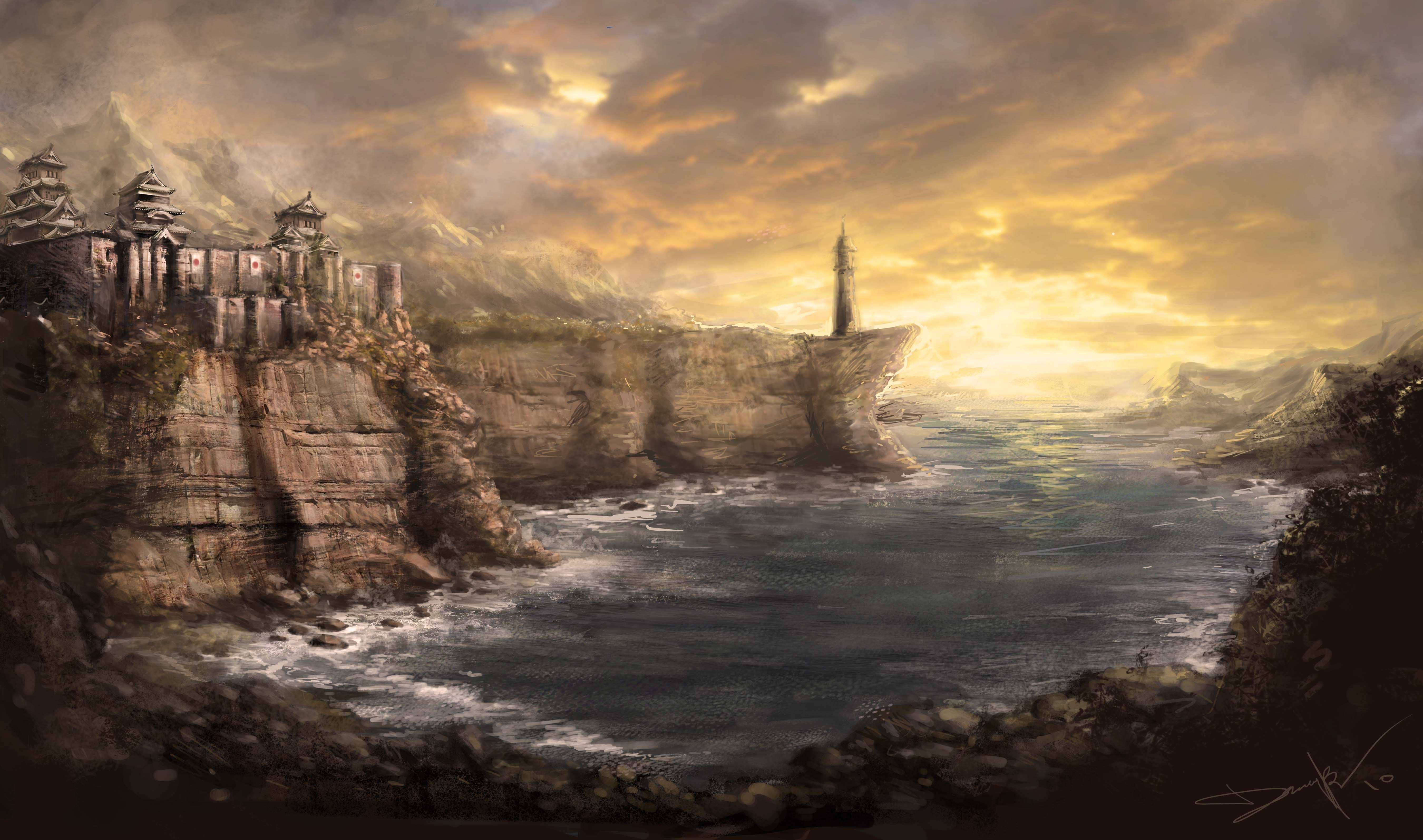 Gamer, fantasy art, Asia, sky, landscape, castle, HD Wallpaper
