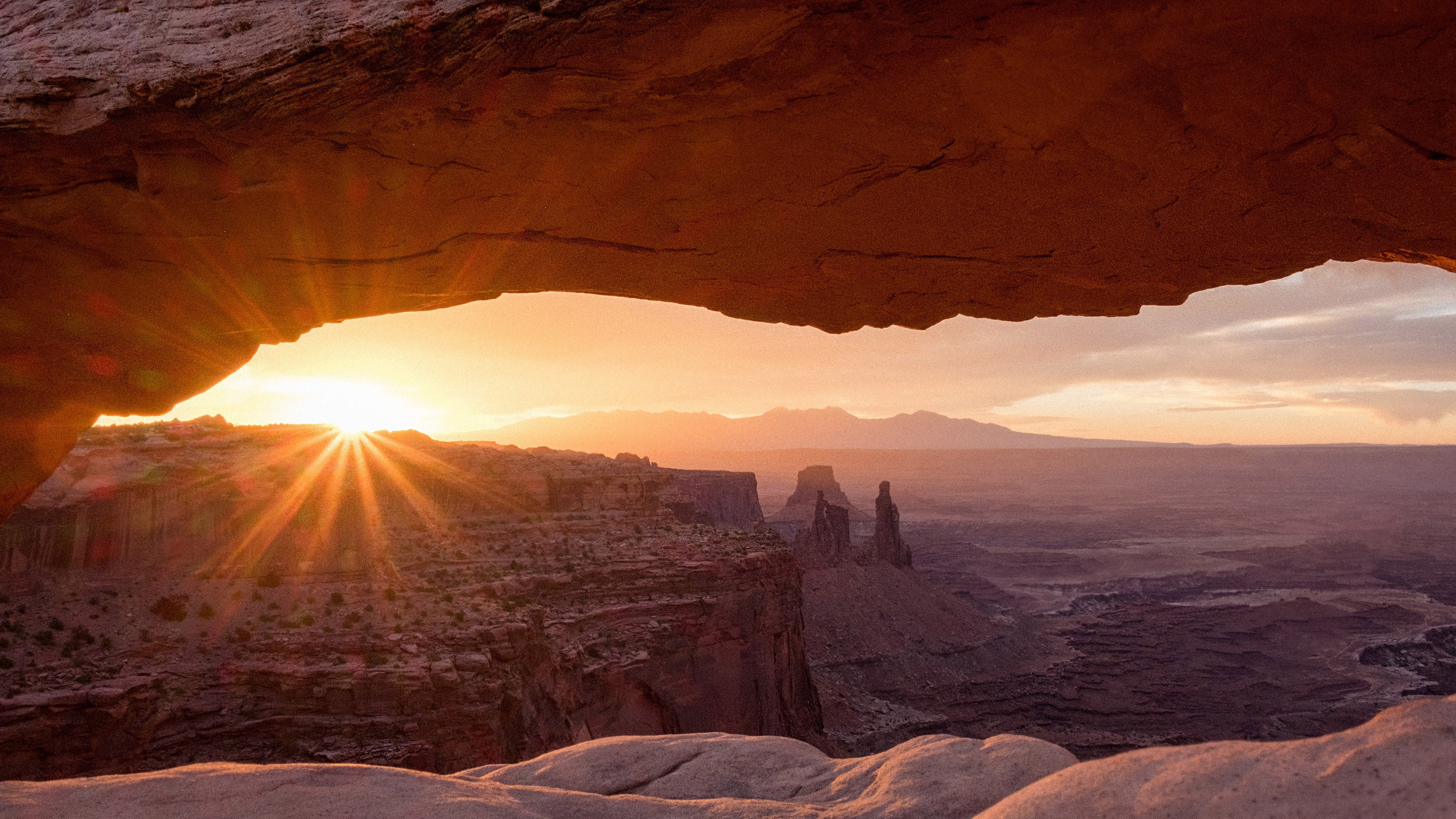 arch, sunset, sunrise, landscape, desert, lens flare, HD Wallpaper