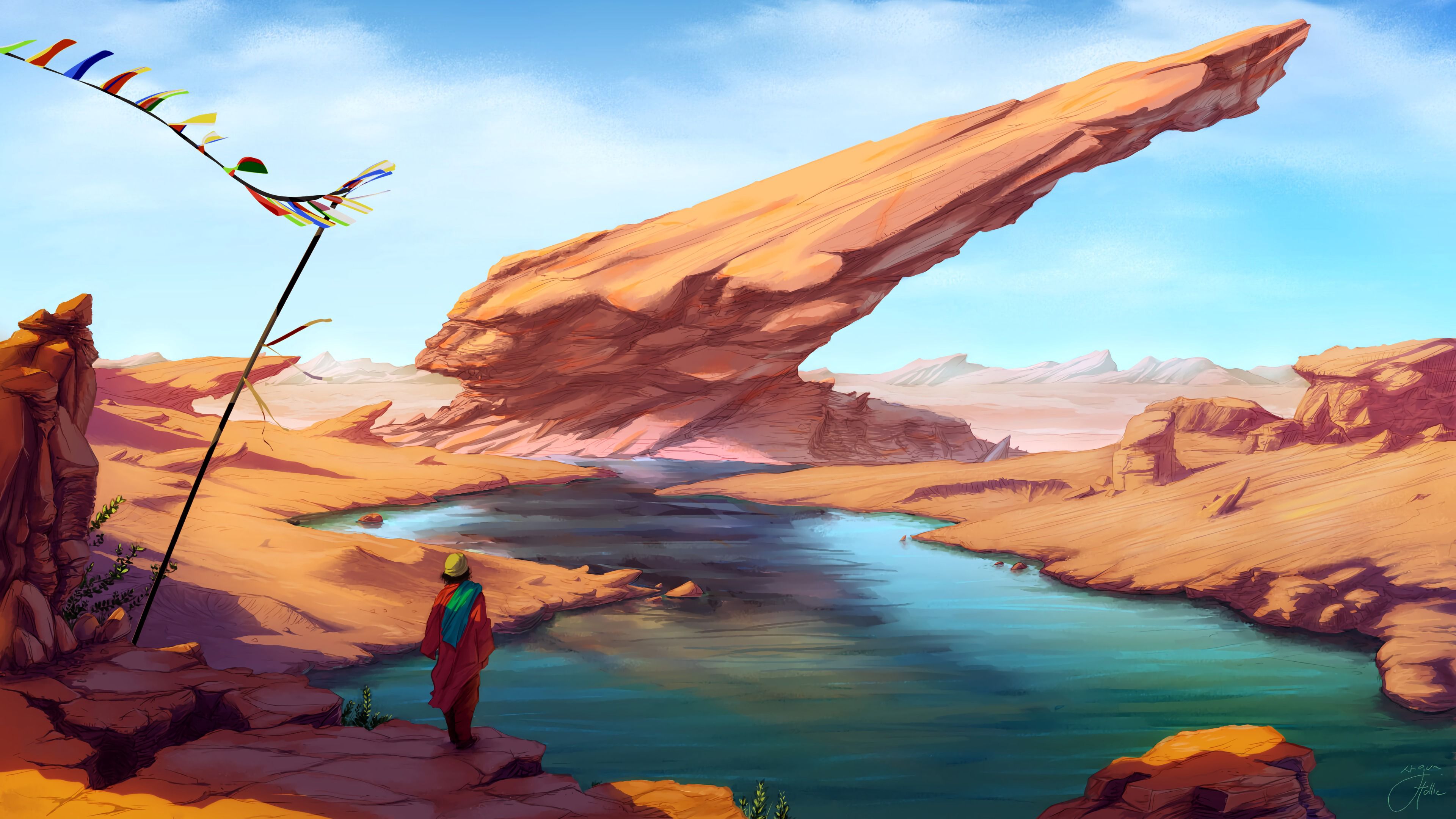 man, wanderer, rocks, lake, art, 4k, HD Wallpaper
