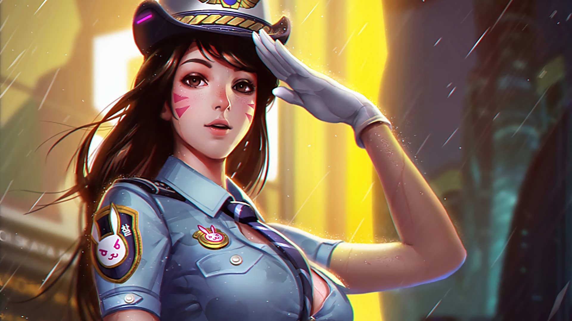 D.Va (Overwatch), Overwatch, anime girls, anime, hat, rain, long hair, tie, PC gaming, HD Wallpaper