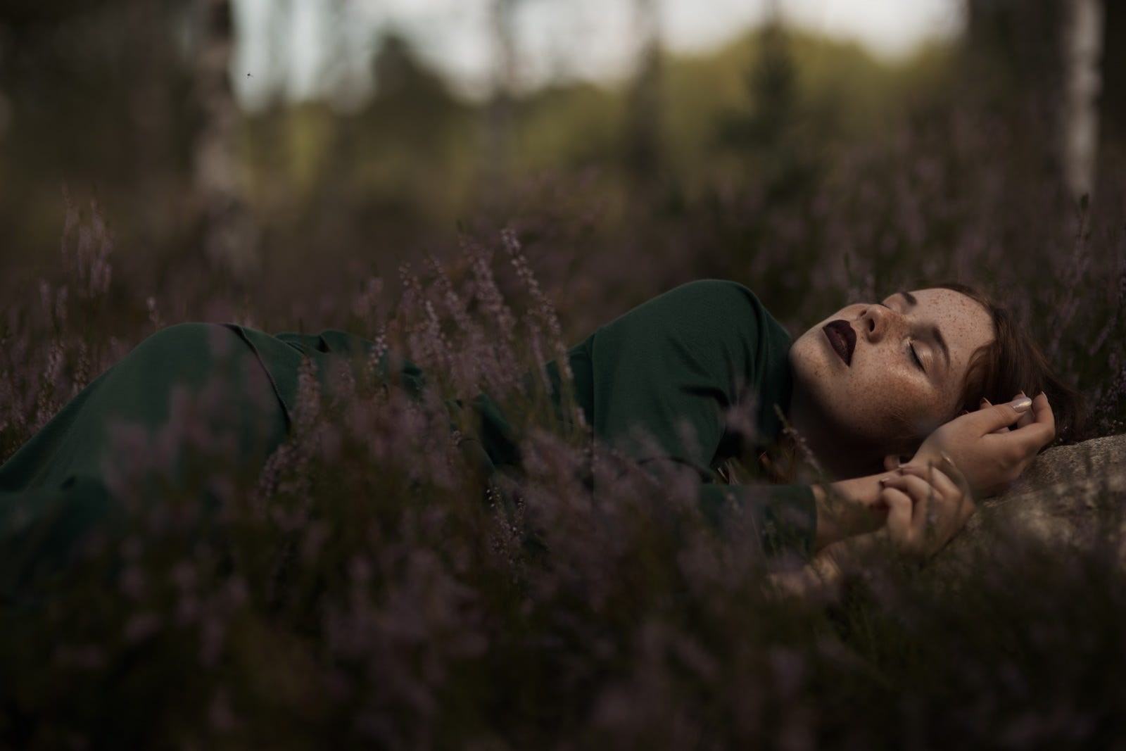 Michalina Cysarz, redhead, red lipstick, green dress, lying on side, women, HD Wallpaper