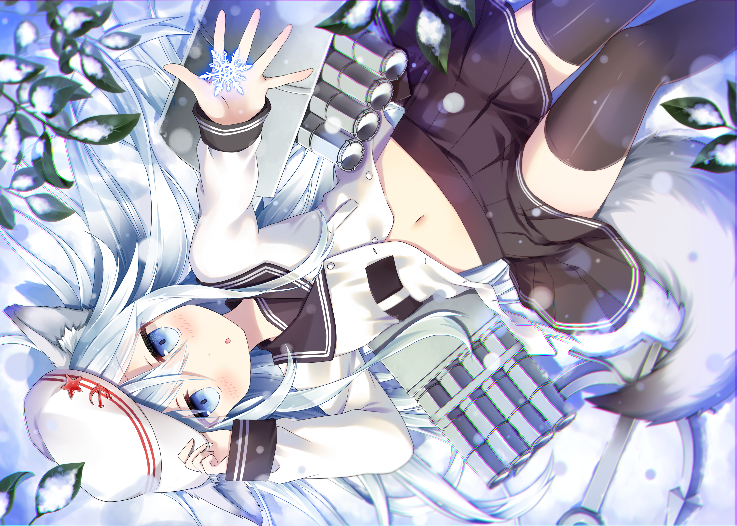 navels, animal ears, anthropomorphism, aqua eyes, blushing, hat, Kantai Collection, long hair, school uniform, skirt, snow, tail, thigh-highs, white hair, Hibiki(Kancolle), HD Wallpaper