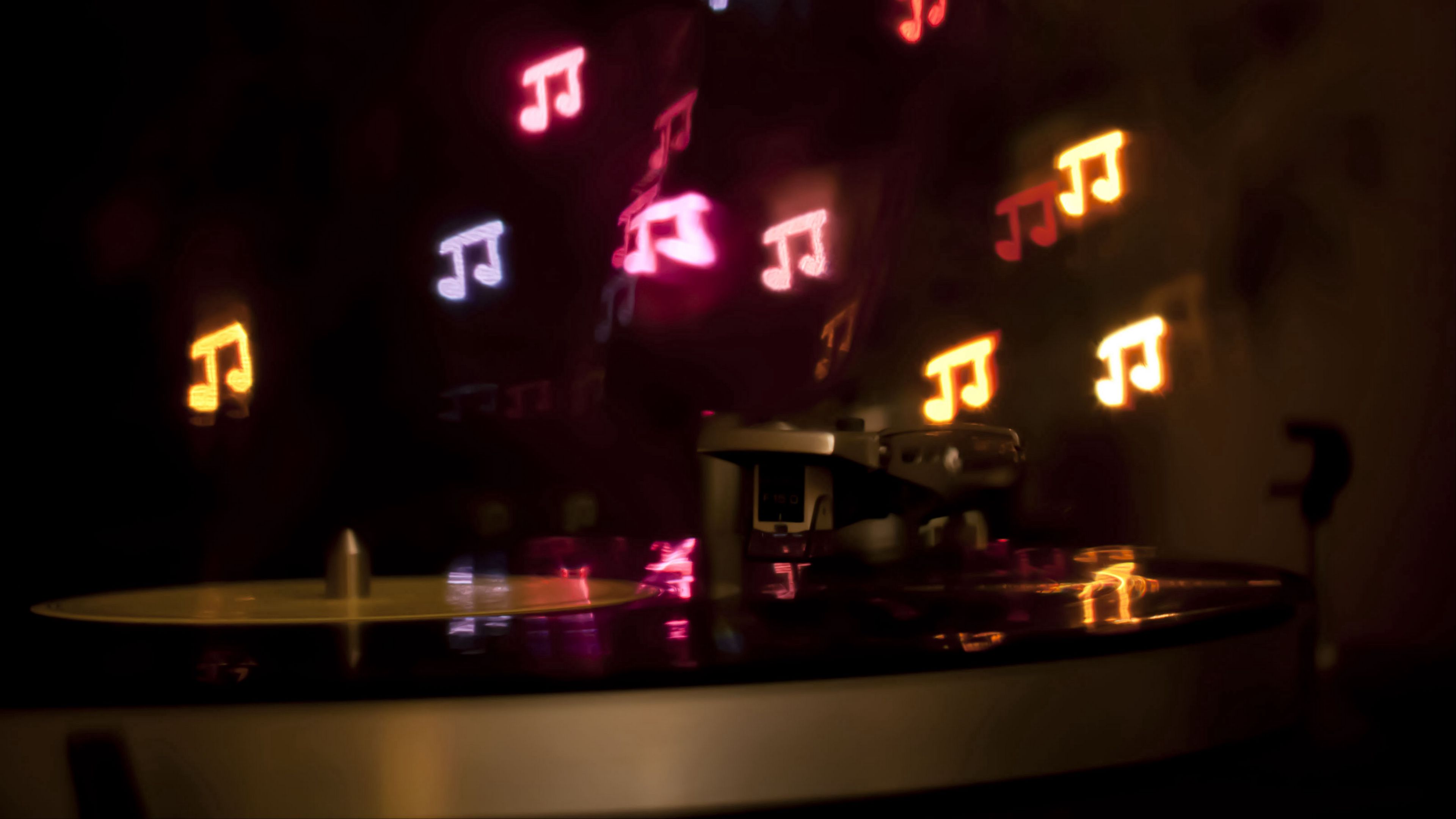 vinyl, record, record player, needle, notes, lights, glow, 4k, HD Wallpaper