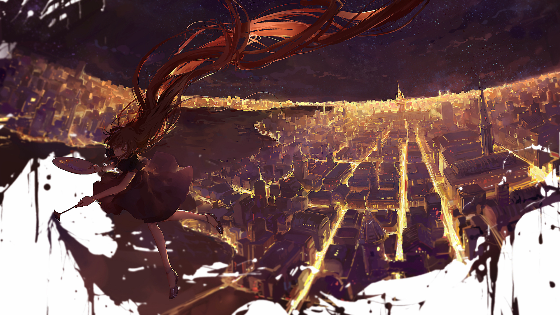 cityscape, painting, anime girls, HD Wallpaper