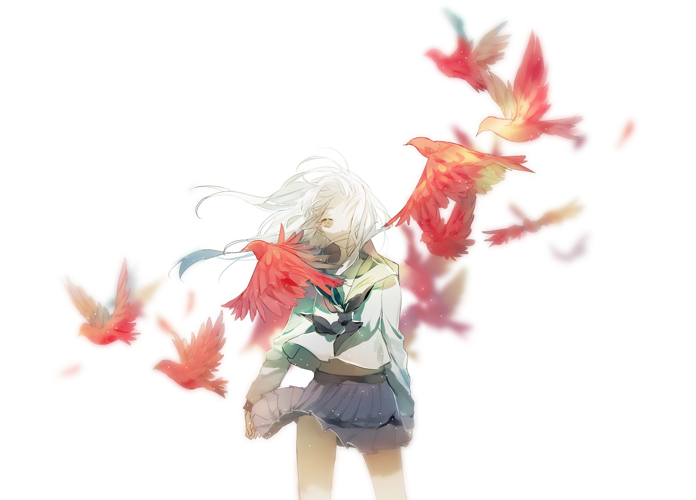birds, red, anime girls, HD Wallpaper