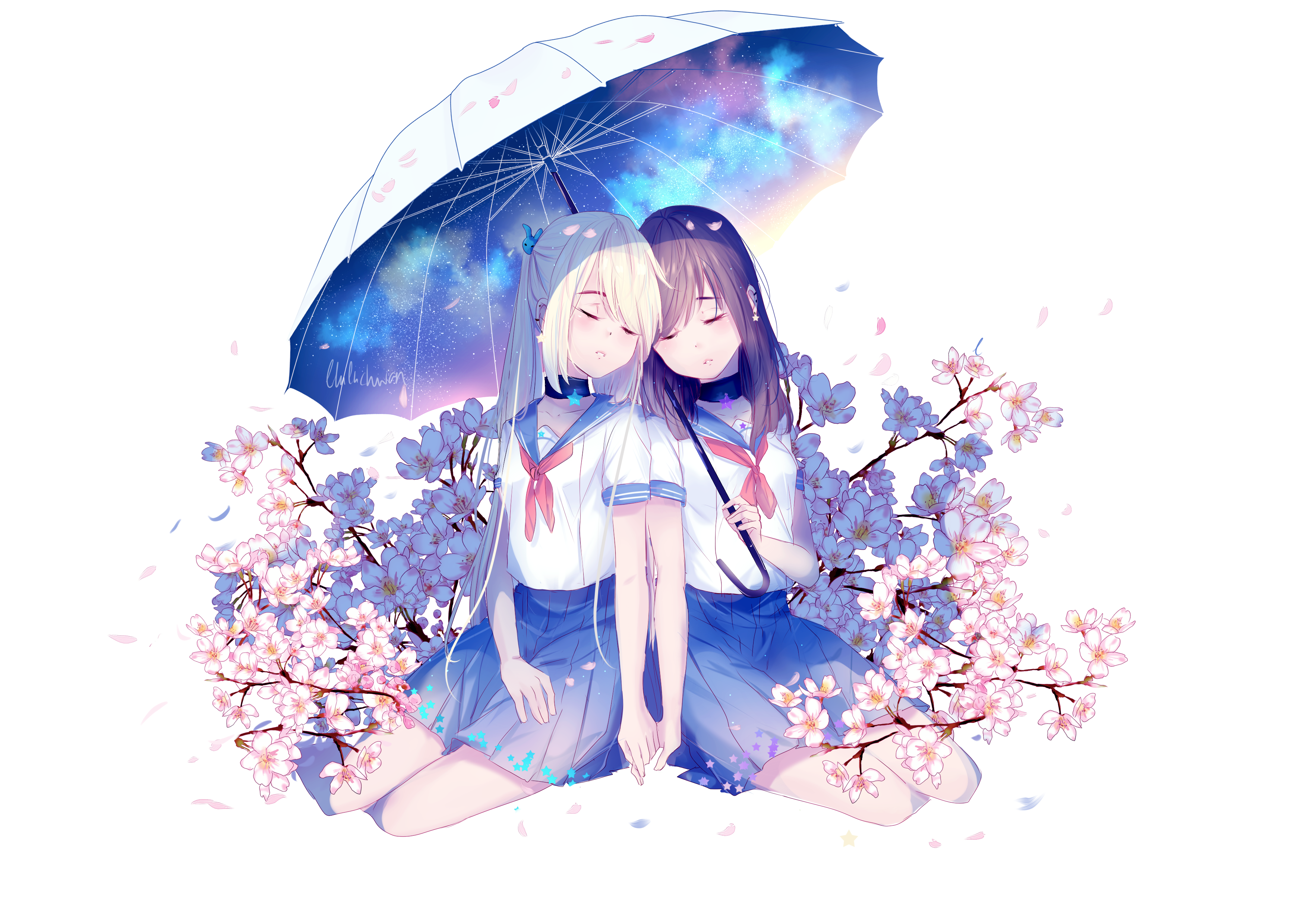 umbrella, school uniform, original characters, flowers, HD Wallpaper