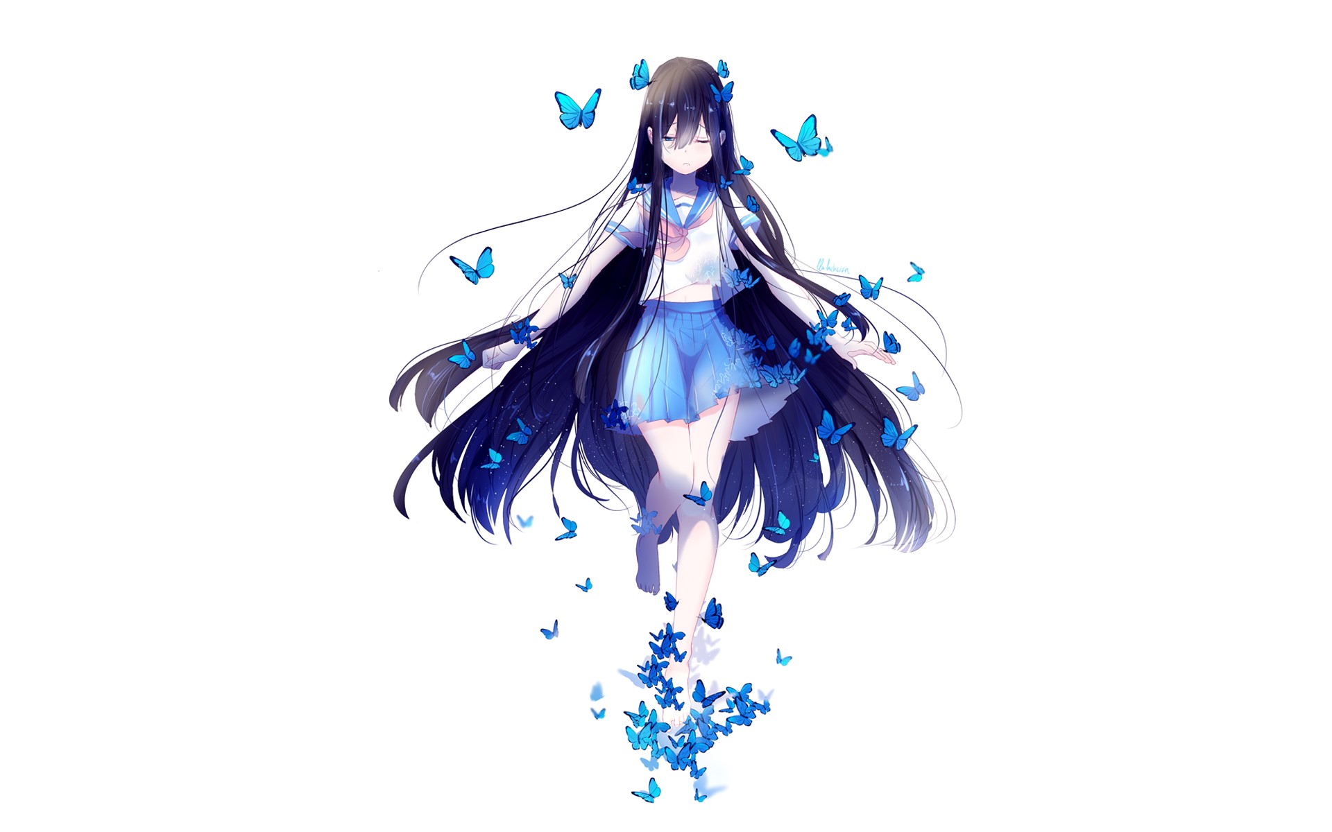 butterfly, blue, school uniform, original characters, HD Wallpaper