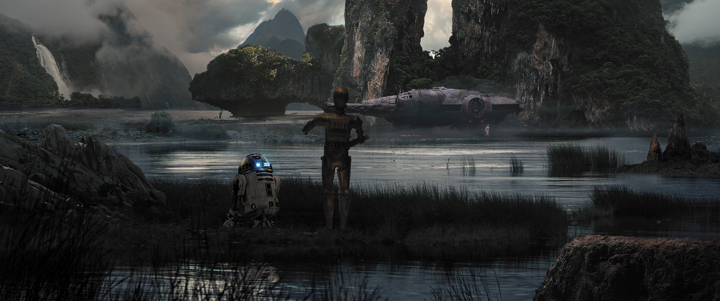 Star Wars, R2-D2, fan art, Millennium Falcon, Star Wars Droids, dark, science fiction, Star Wars Ships, HD Wallpaper