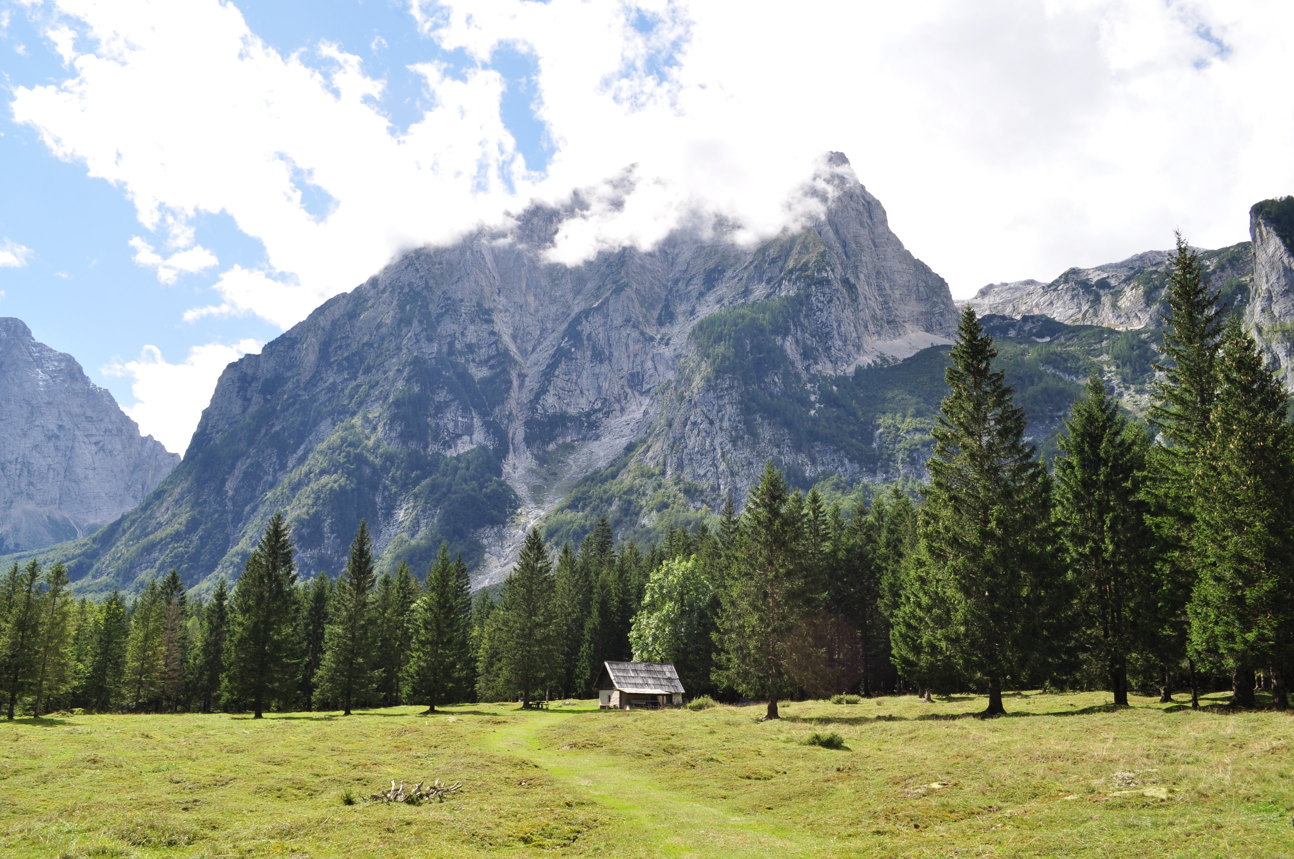mountains, grass, cabin, forest, clouds, landscape, HD Wallpaper