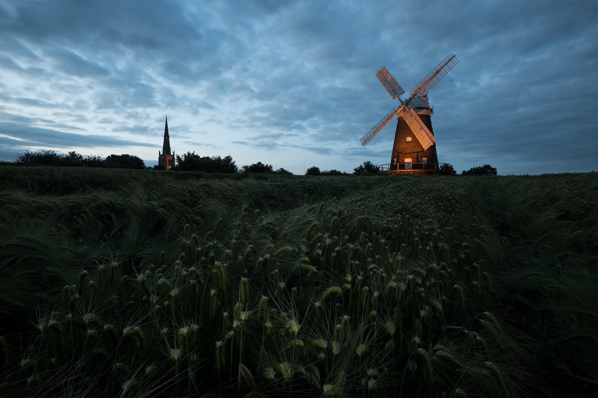 windmill, landscape, sky, field, calm, clouds, blue, HD Wallpaper