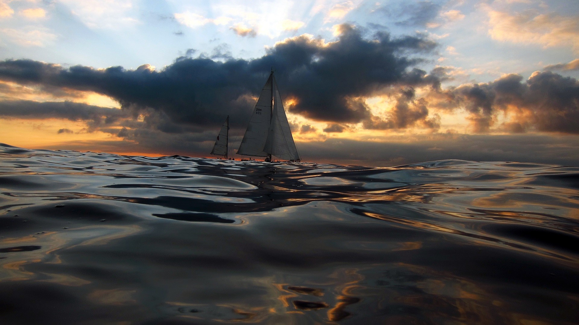 nature, sea, sunset, clouds, sailboats, HD Wallpaper