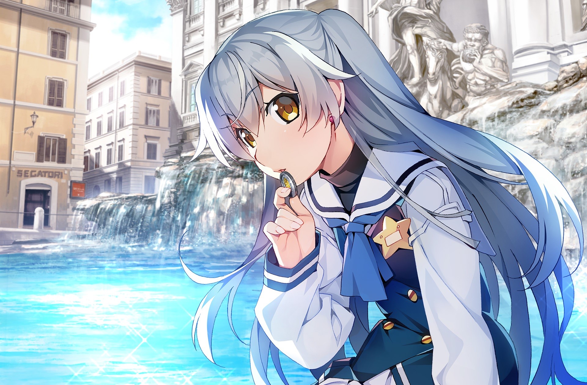 building, city, gray hair, Grisaia Phantom Trigger, long hair, school uniform, water, yellow eyes, HD Wallpaper