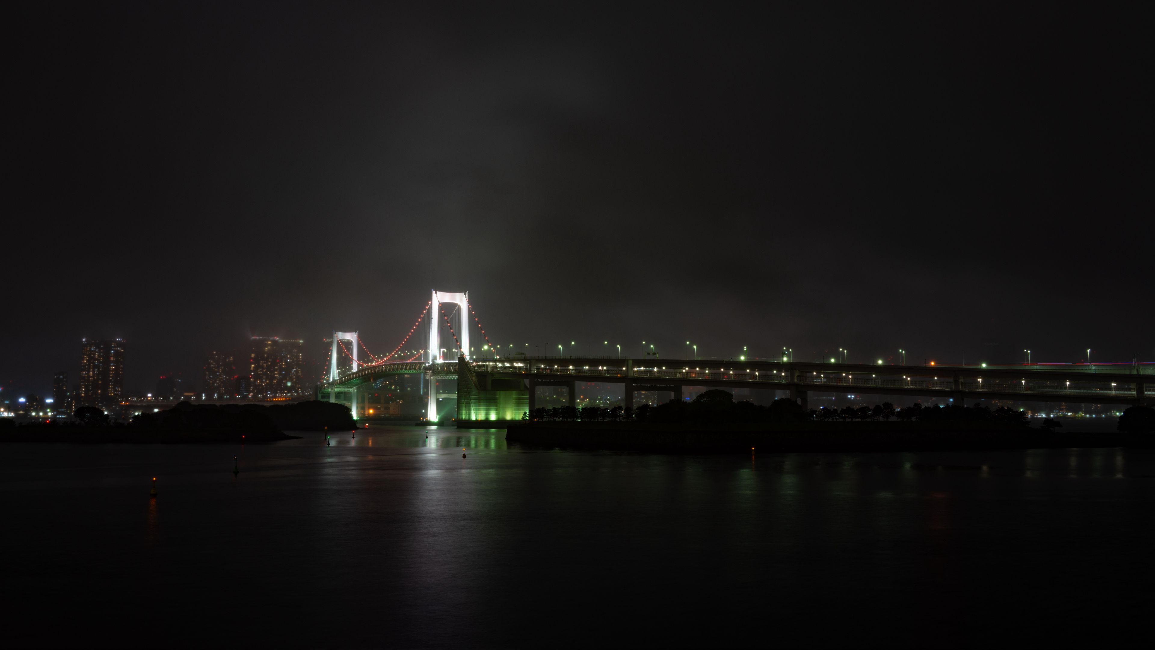 bridge, river, backlight, night city, fog, 4k, HD Wallpaper