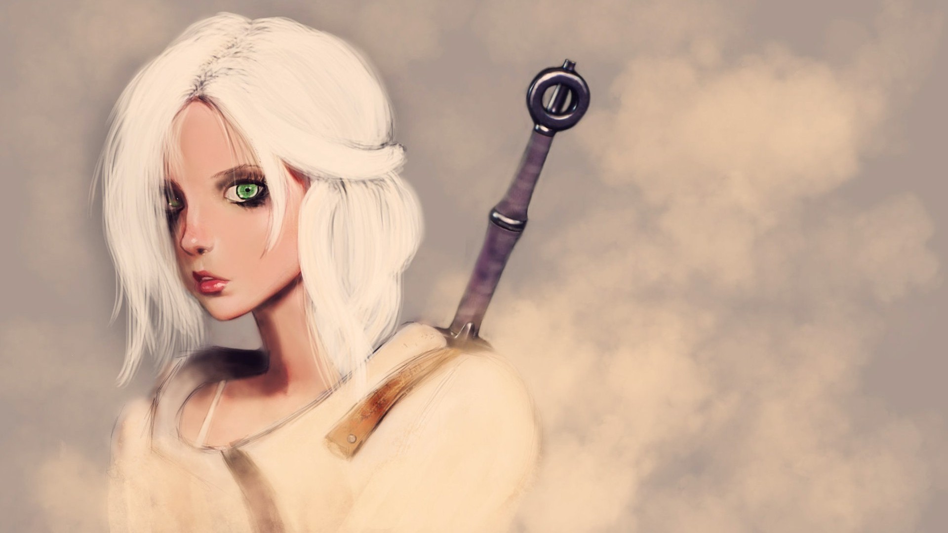 The Witcher, Ciri, Cirilla Fiona Elen Riannon, women, white hair, sword, artwork, green eyes, video games, HD Wallpaper