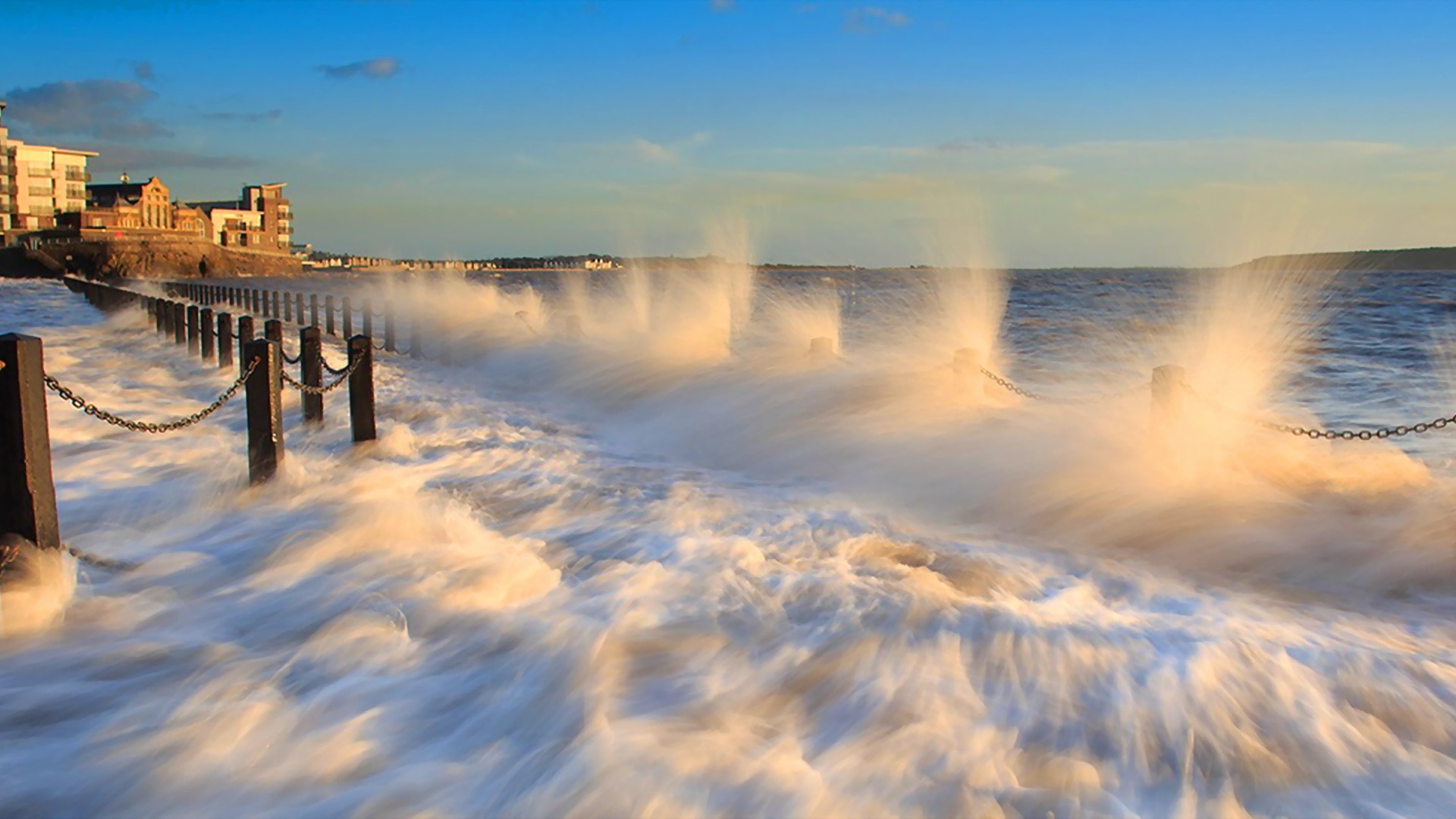 cityscape, sea, waves, horizon, sunset, HD Wallpaper
