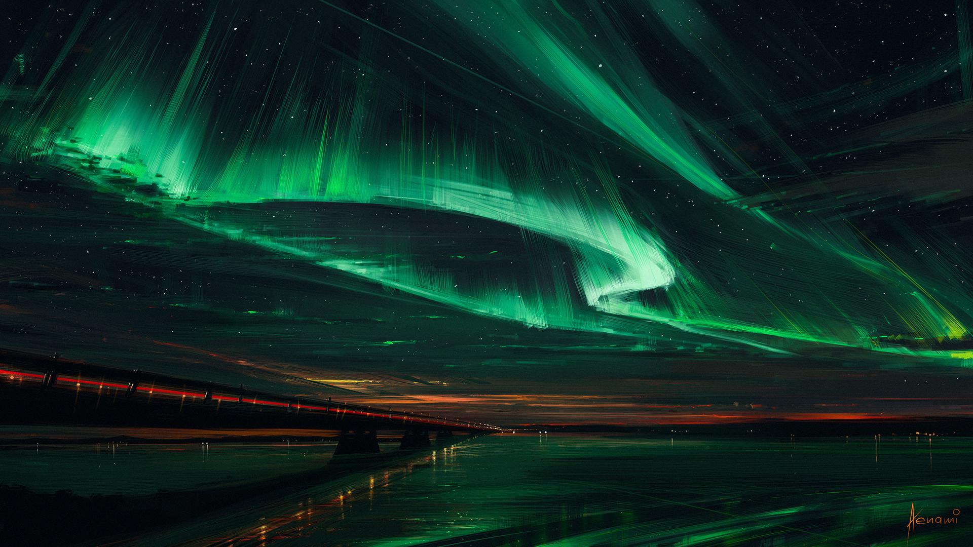 digital art, aurorae, Aenami, artwork, green, bridge, stars, HD Wallpaper