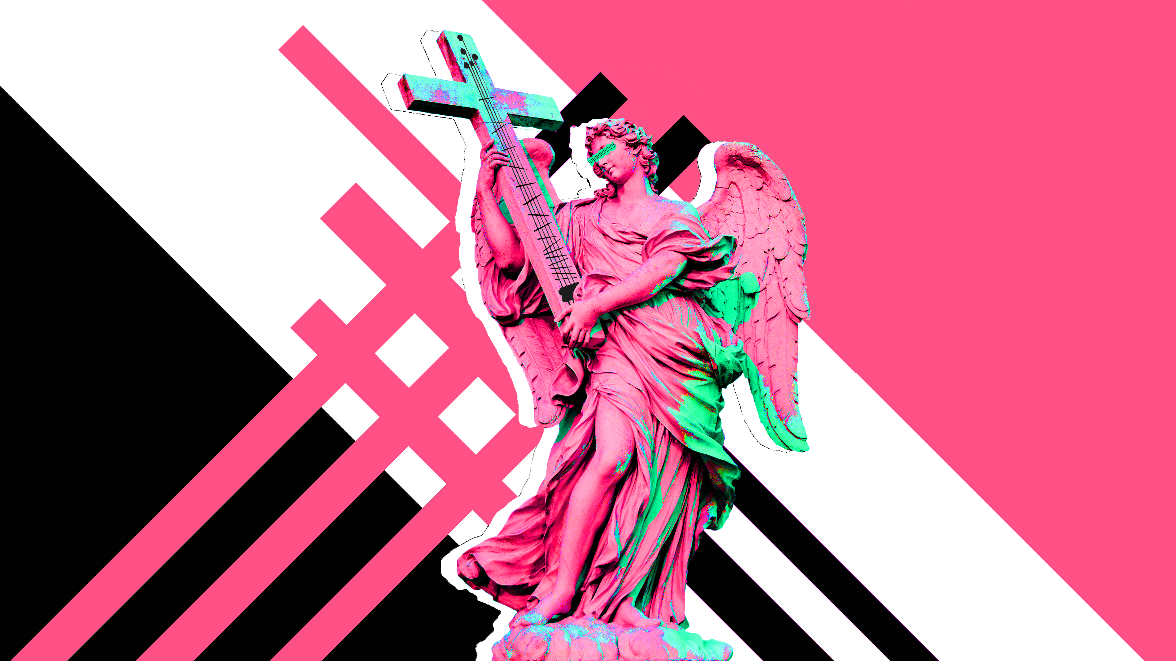 angel, guitar, musical instrument, pink, digital art, statue, HD Wallpaper