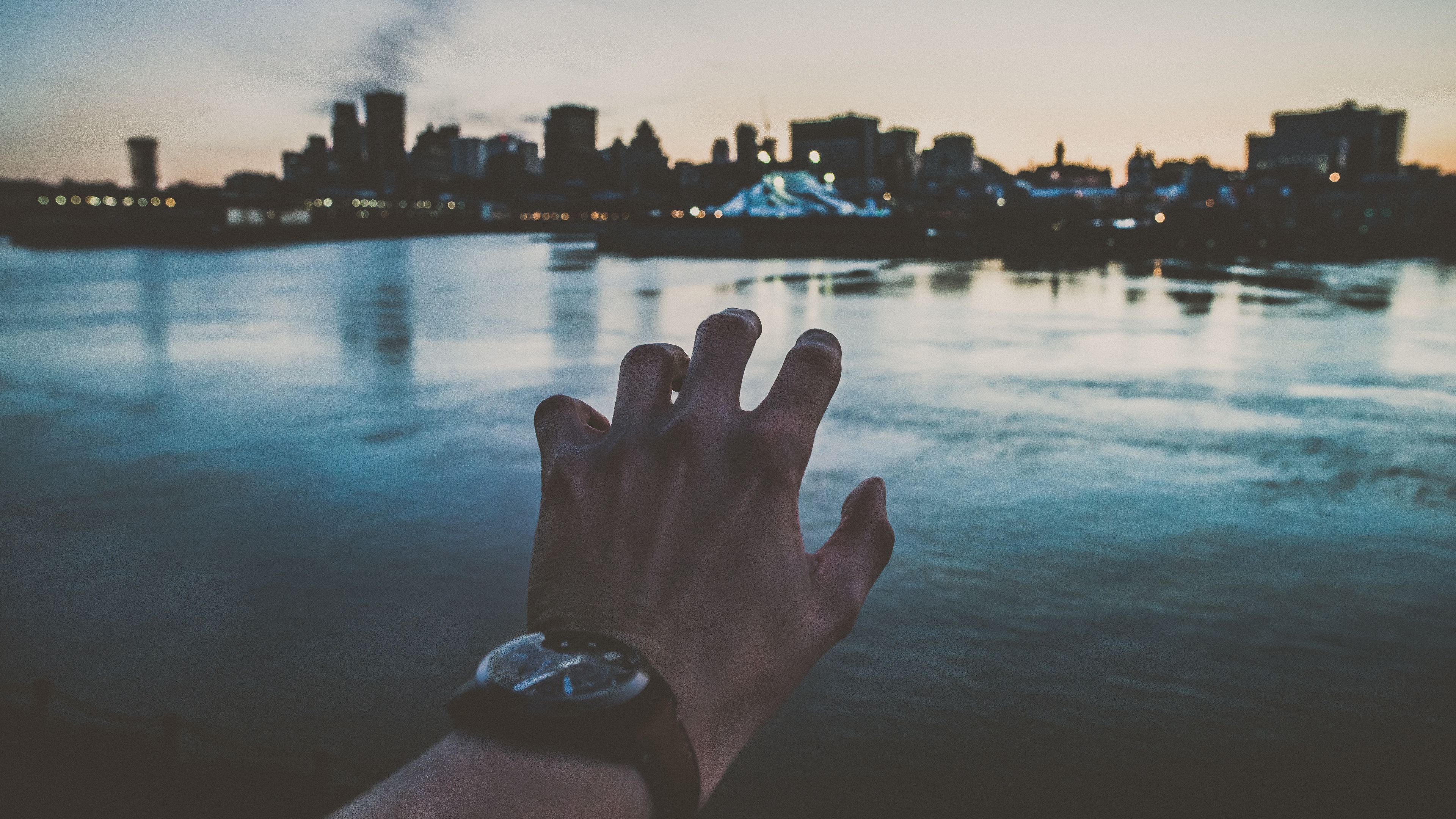 hand, wrist watch, night city, 4k, HD Wallpaper