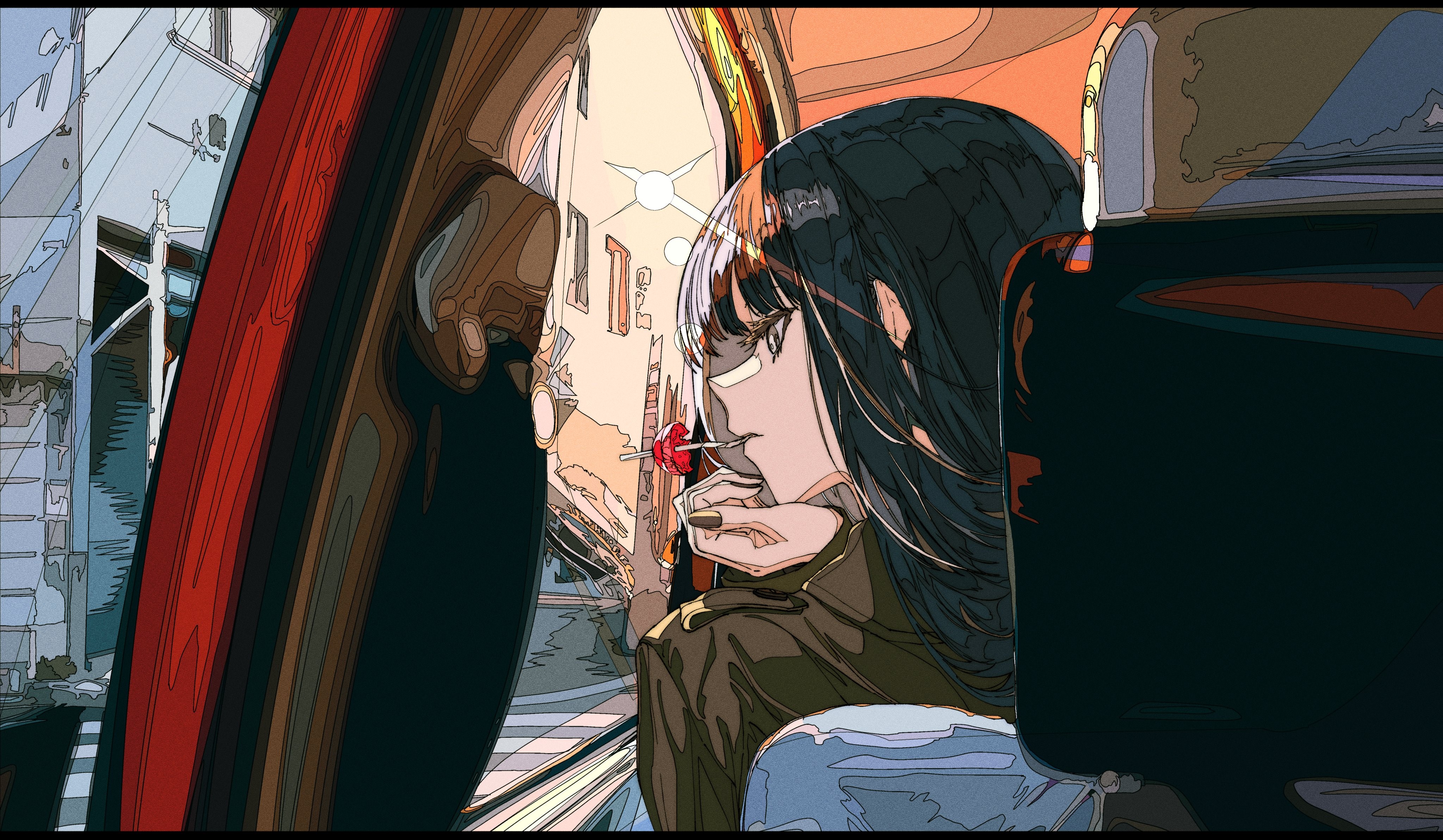 anime, anime girls, car, smoking, original characters, sunset, HD Wallpaper