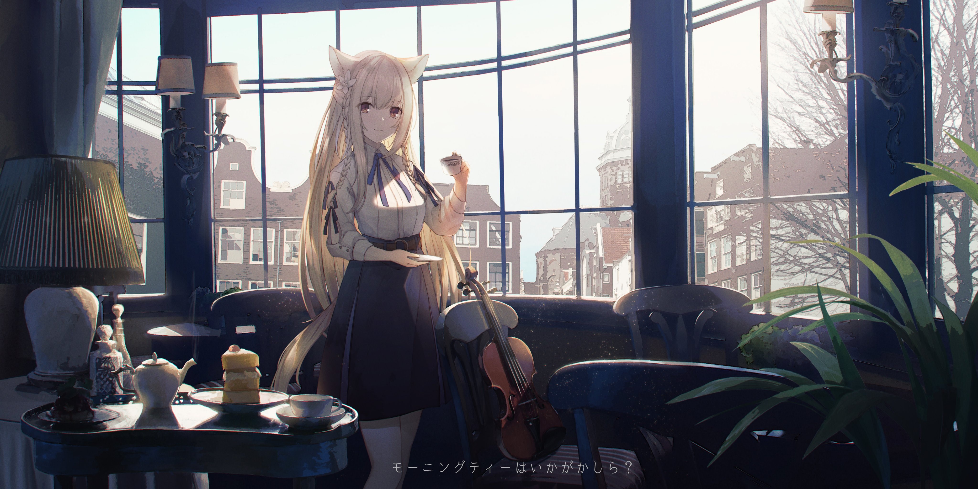 anime girls, big boobs, anime, violin, musical instrument, cake, blonde, indoors, interior, window, HD Wallpaper