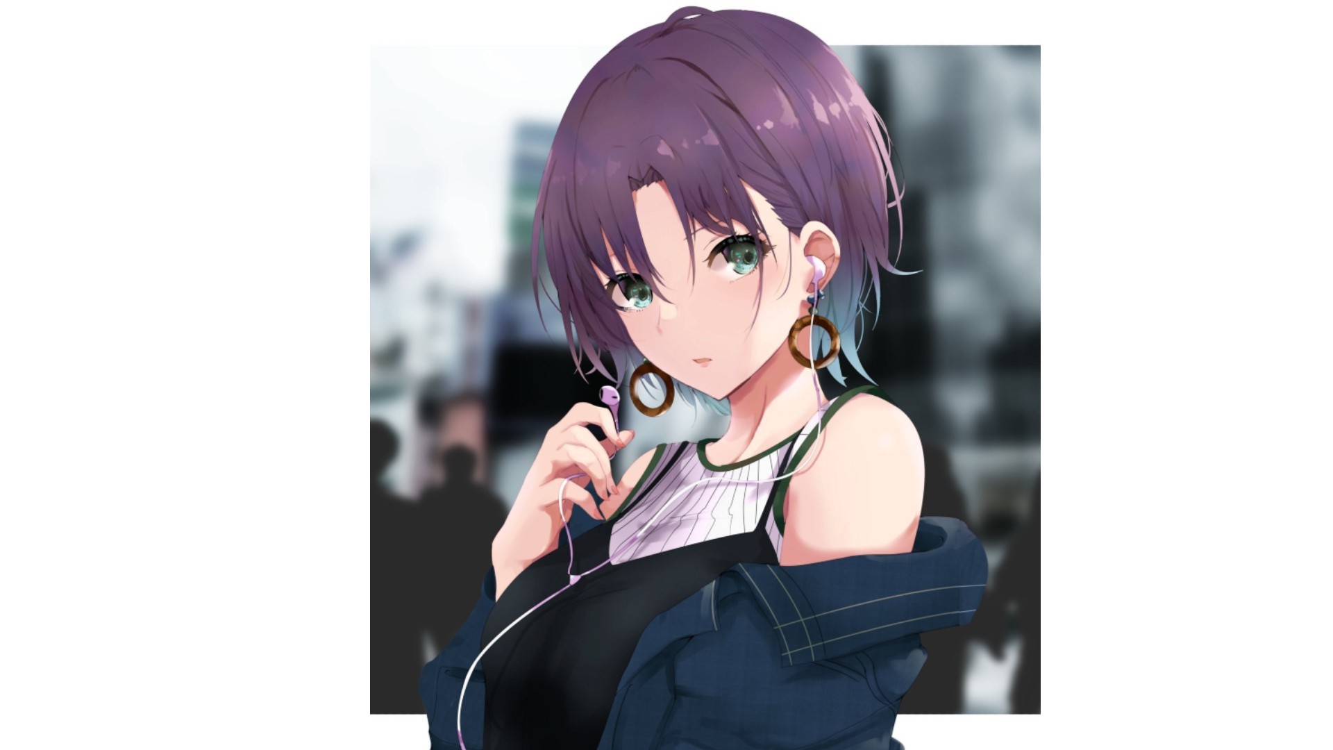 anime girls, white background, purple hair, anime, earphones, HD Wallpaper