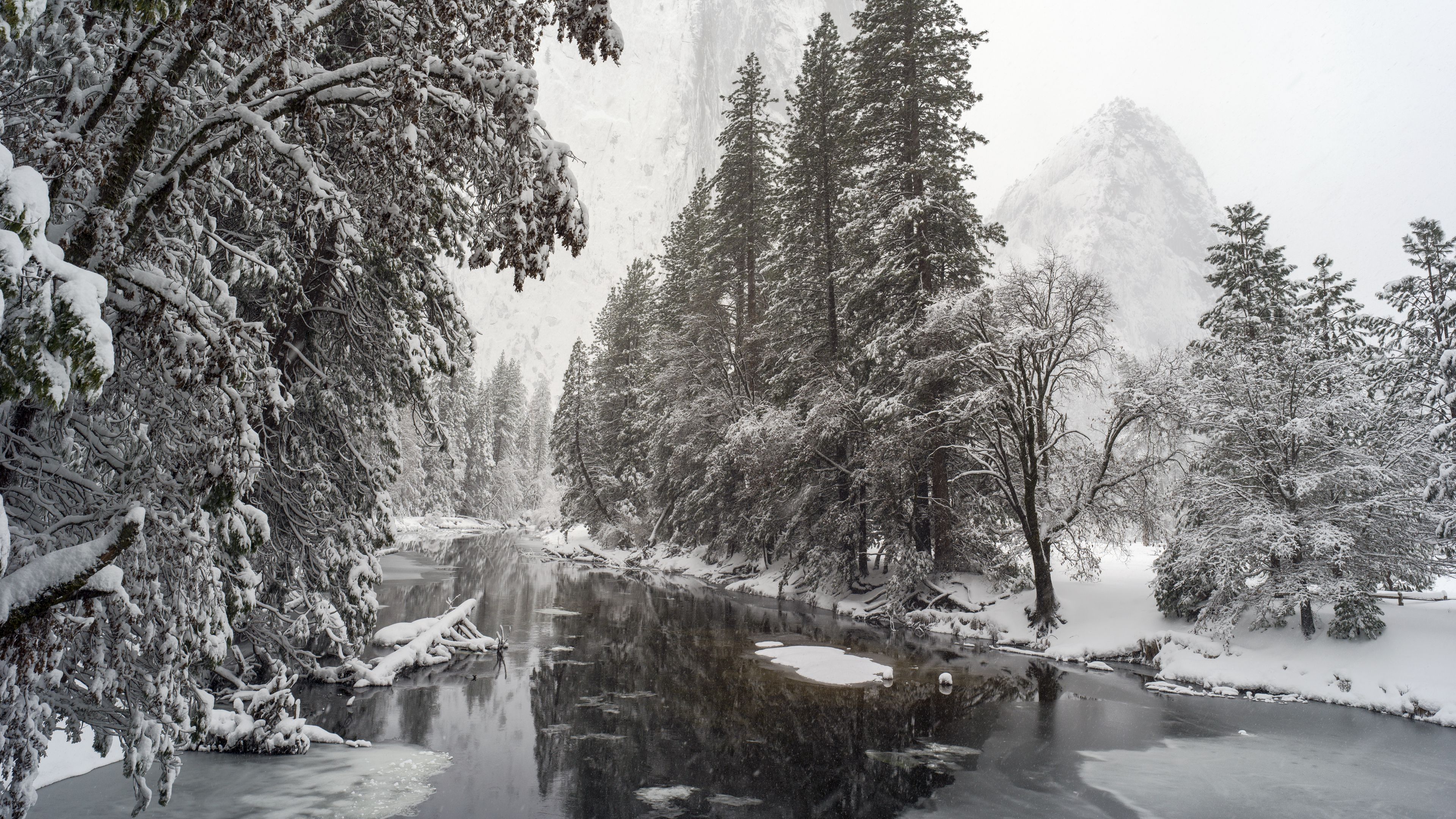 river, trees, snow, mountains, landscape, winter, 4k, HD Wallpaper