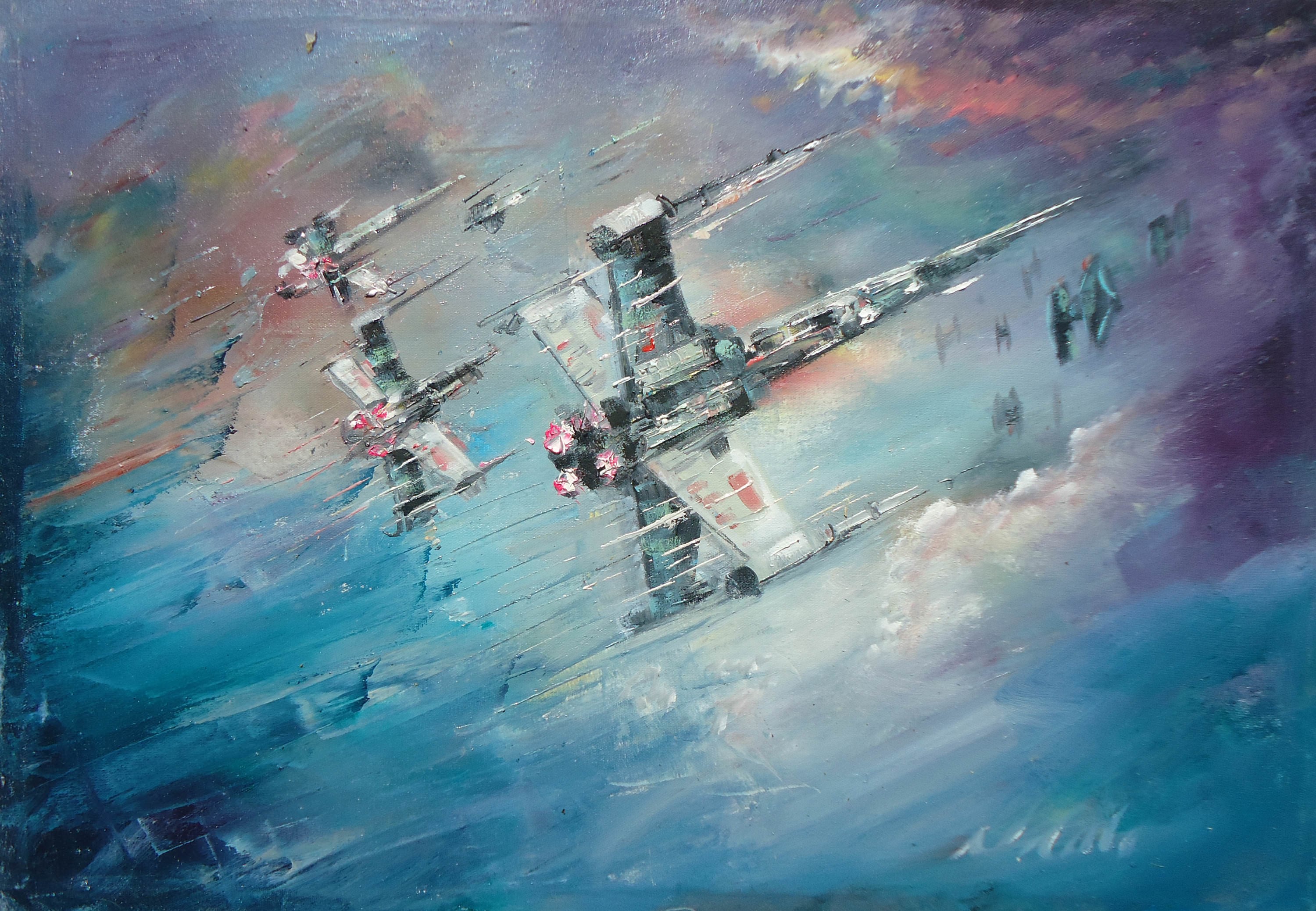 Star Wars, oil painting, x wing, Naci Caba, TIE Fighter, HD Wallpaper