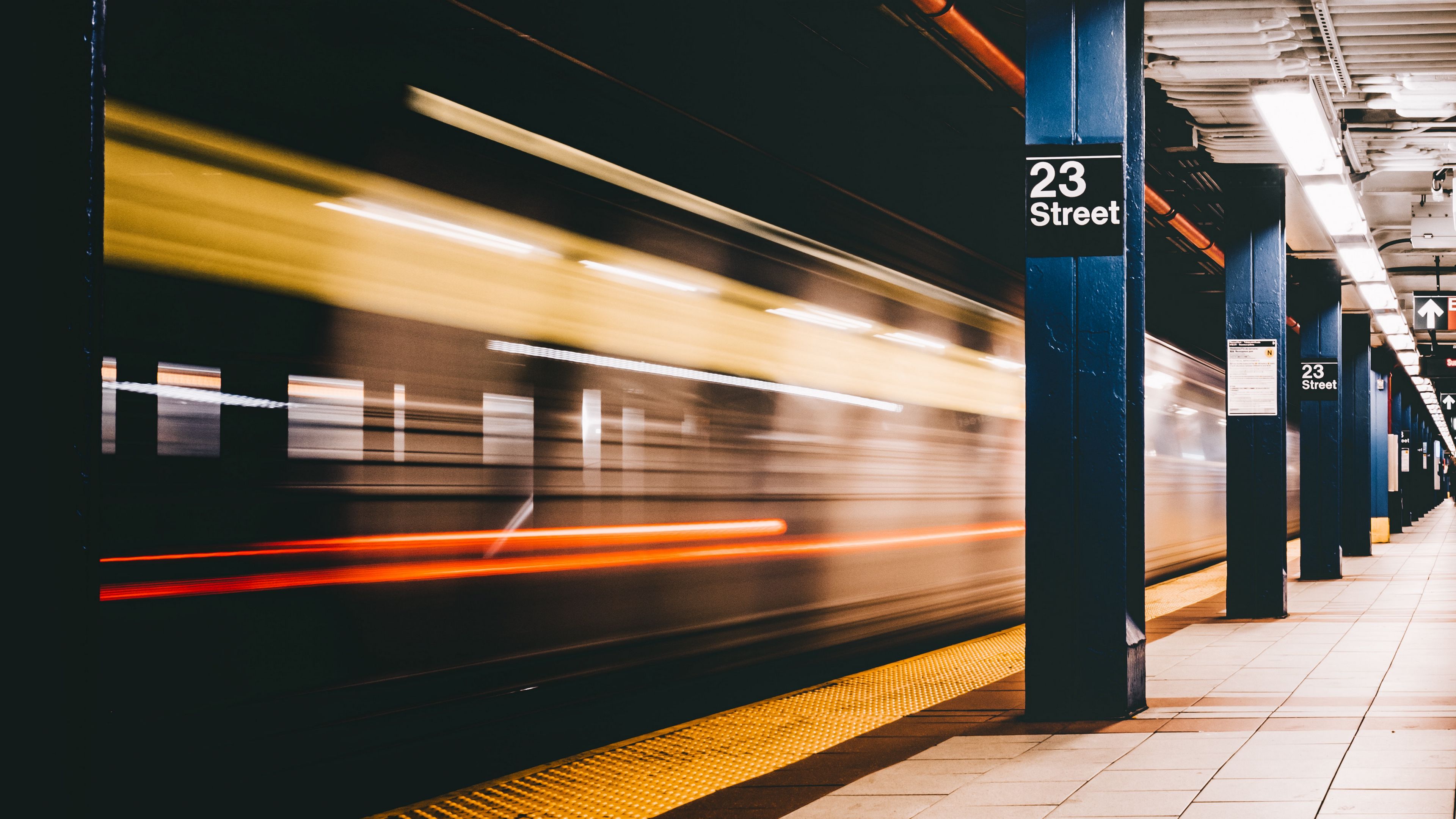 subway, station, underground, train, columns, lights, 4k, HD Wallpaper