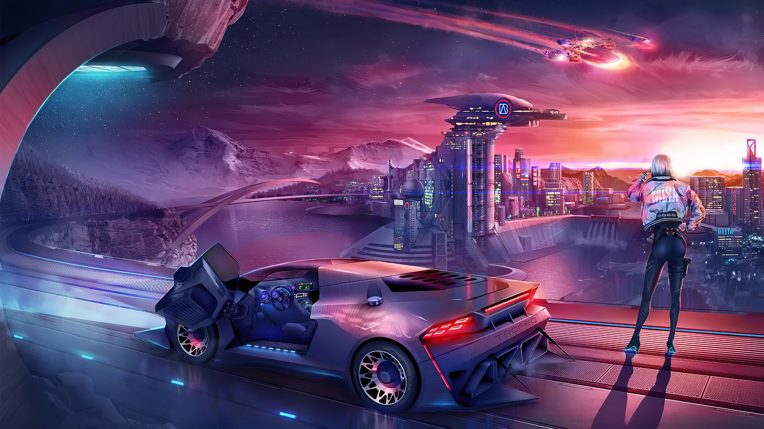 cyberpunk, car, neon, digital art, HD Wallpaper