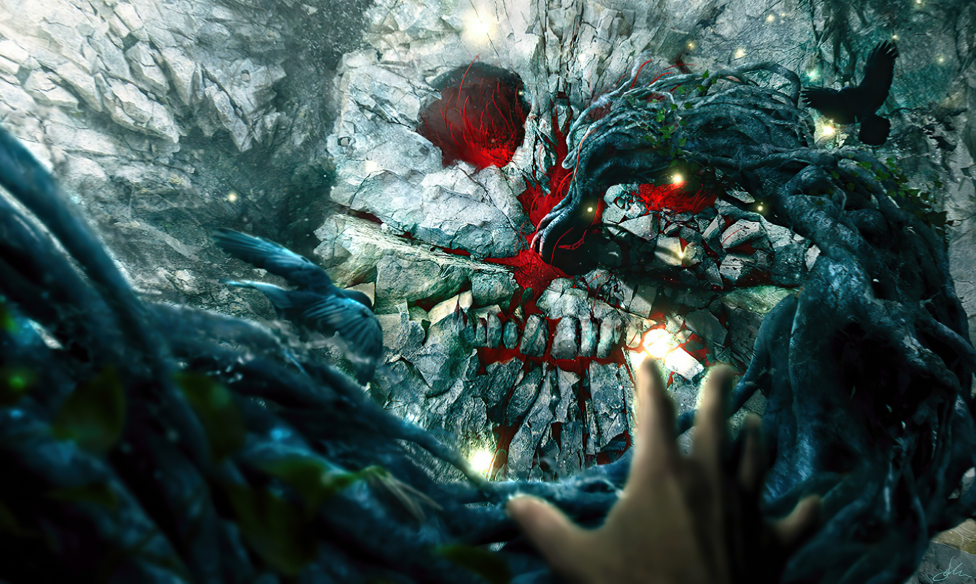 skull, rocks, Rock wall, surreal, creepy, birds, crow, vines, digital art, digital, depth of field, motion blur, HD Wallpaper