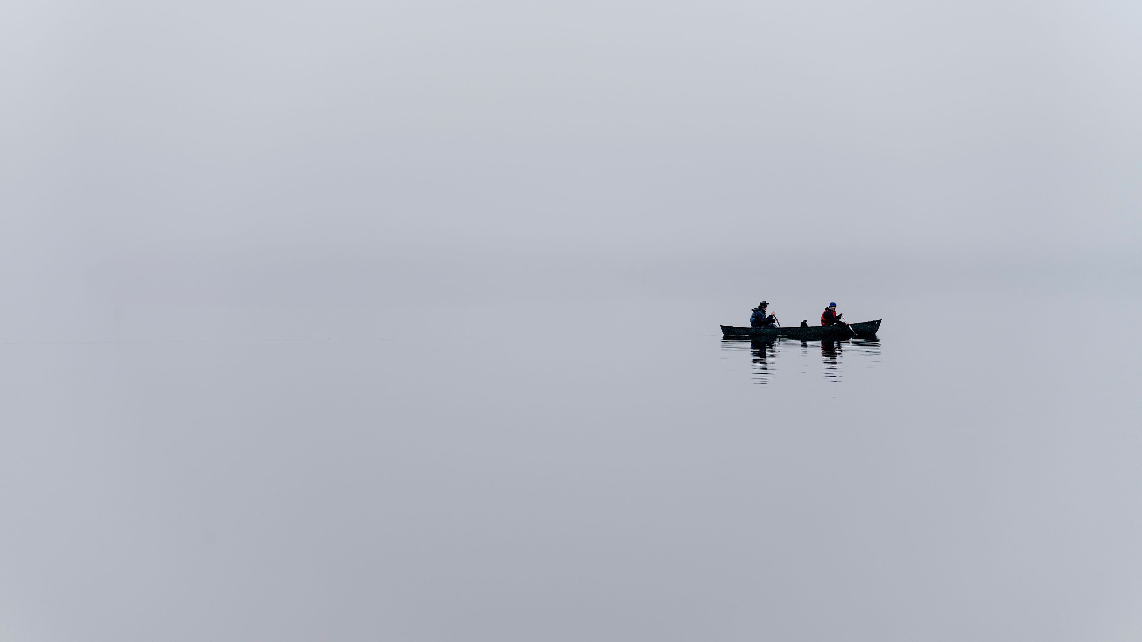 boat, lake, fog, minimalism, gray, 4k, HD Wallpaper