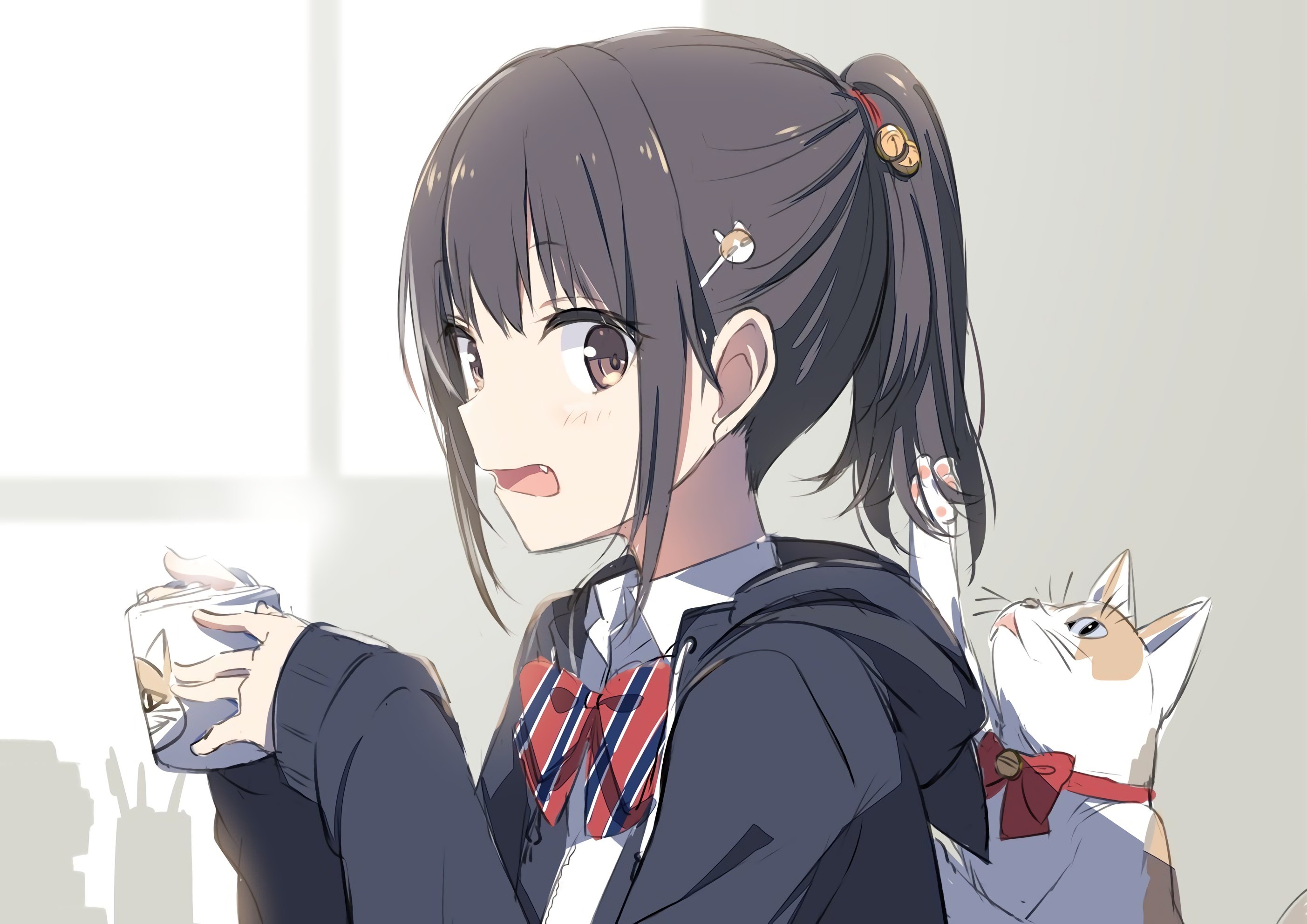anime, anime girls, drink, brunette, HD Wallpaper