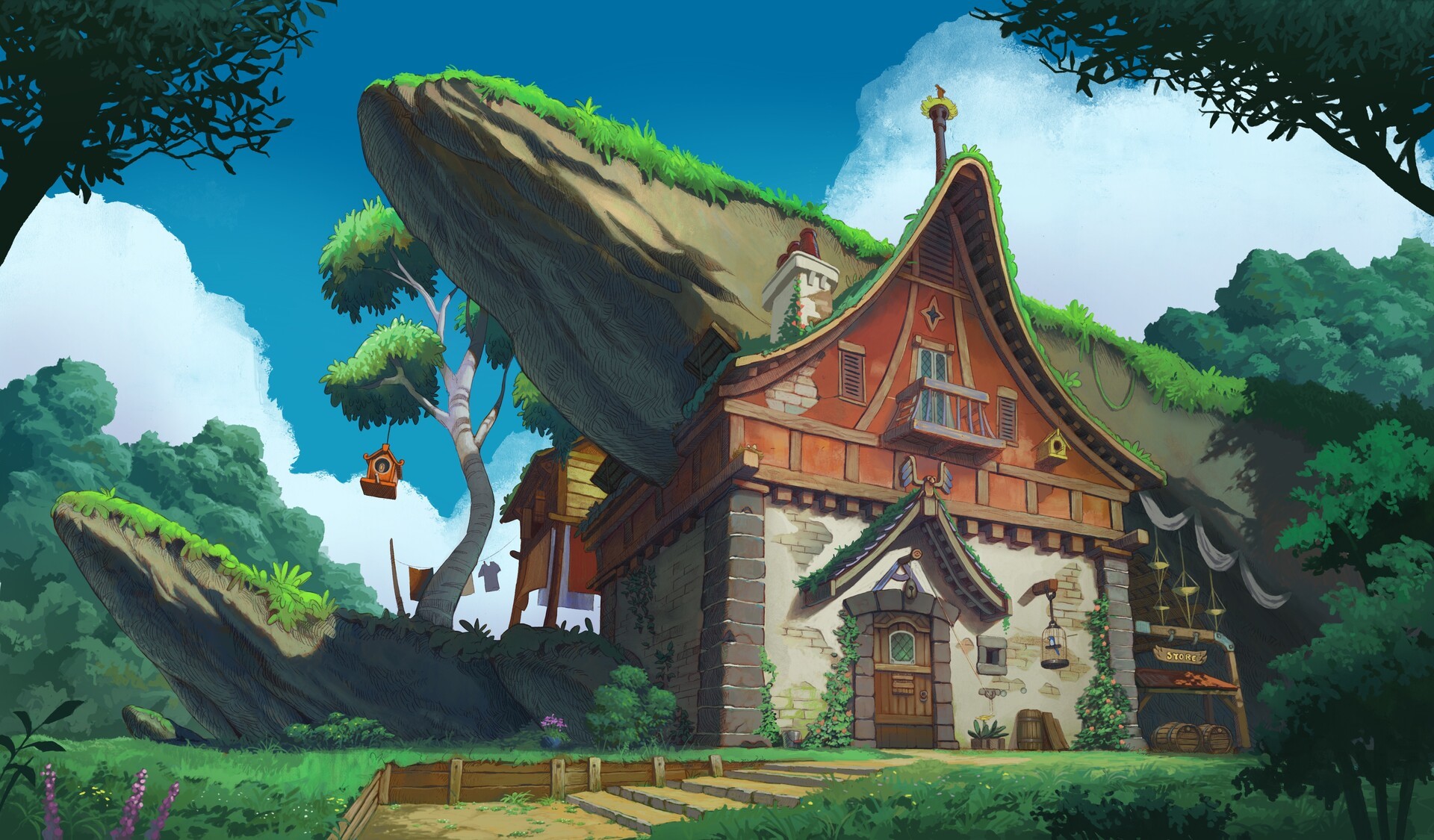 digital art, fantasy art, cottage, birdhouses, forest, grass, flowers, HD Wallpaper