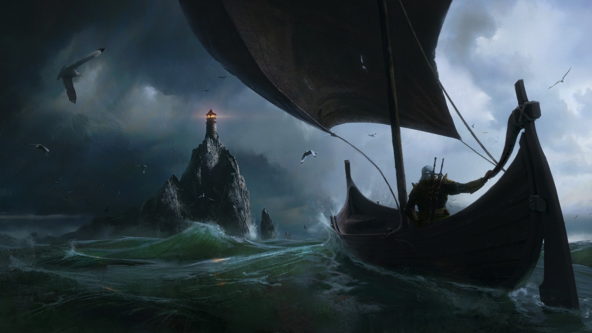 fantasy art, artwork, The Witcher, lighthouse, Geralt of Rivia, HD Wallpaper