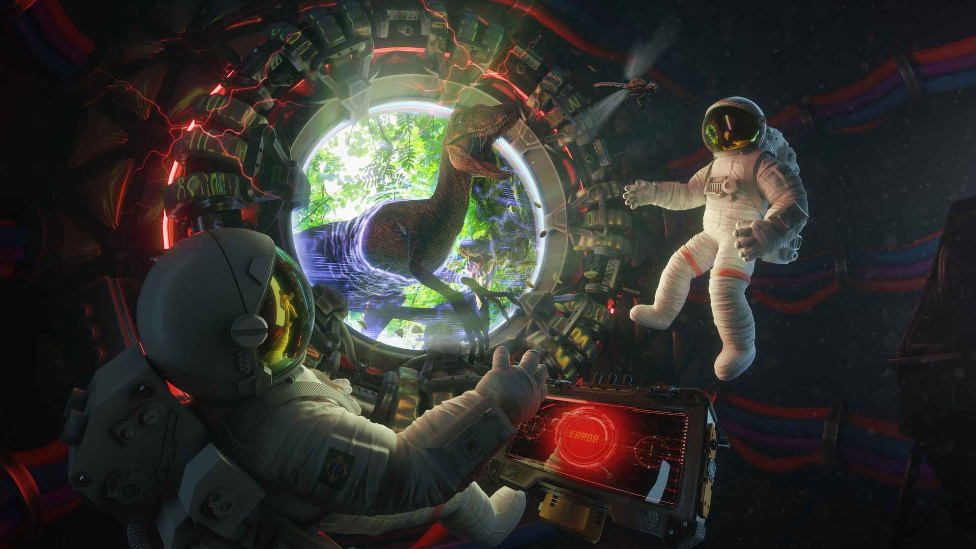 digital art, astronaut, dinosaurs, dragonflies, HD Wallpaper