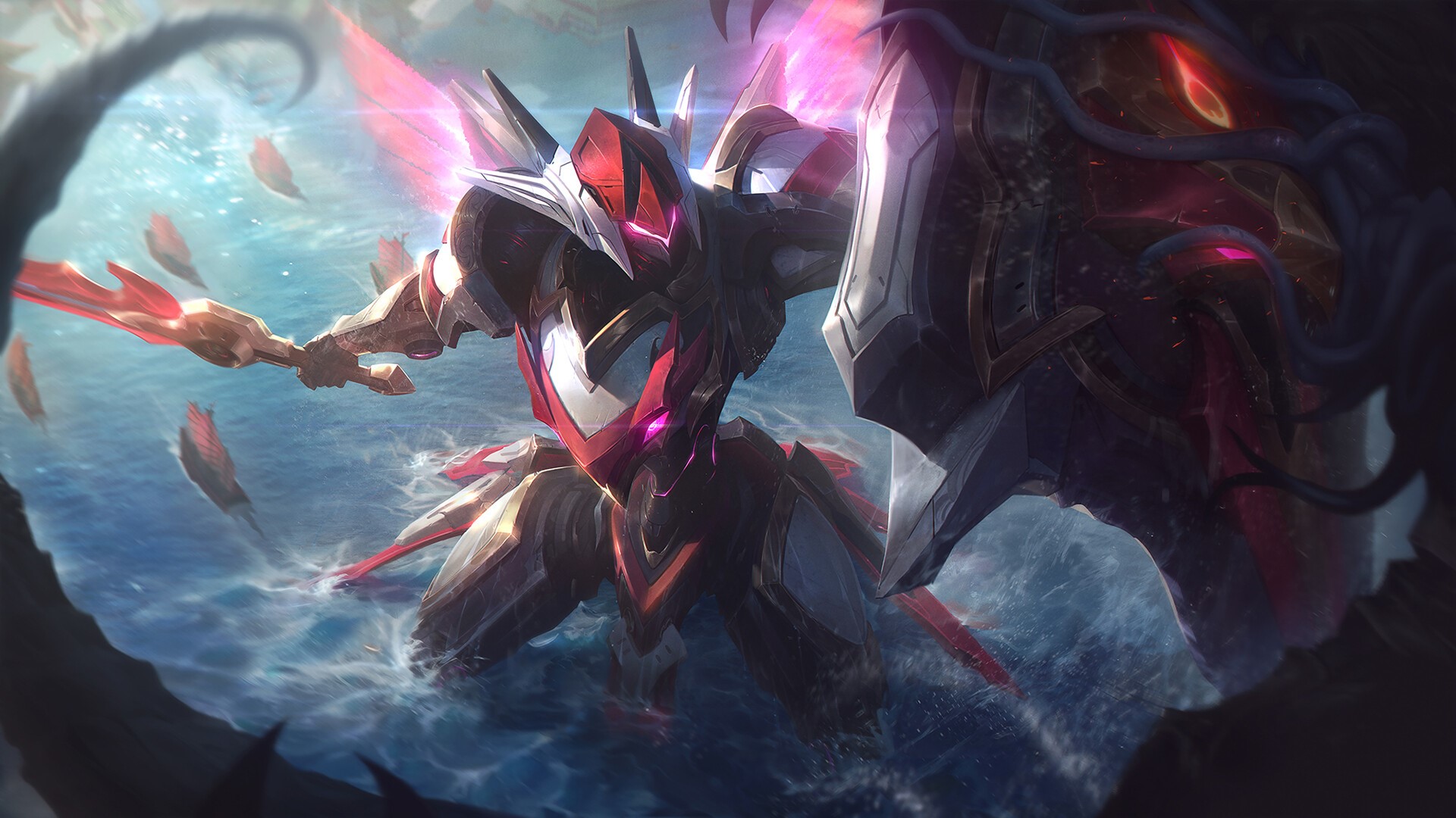 shield, sword, mecha fight, digital art, water, League of Legends, Leona (League of Legends), HD Wallpaper