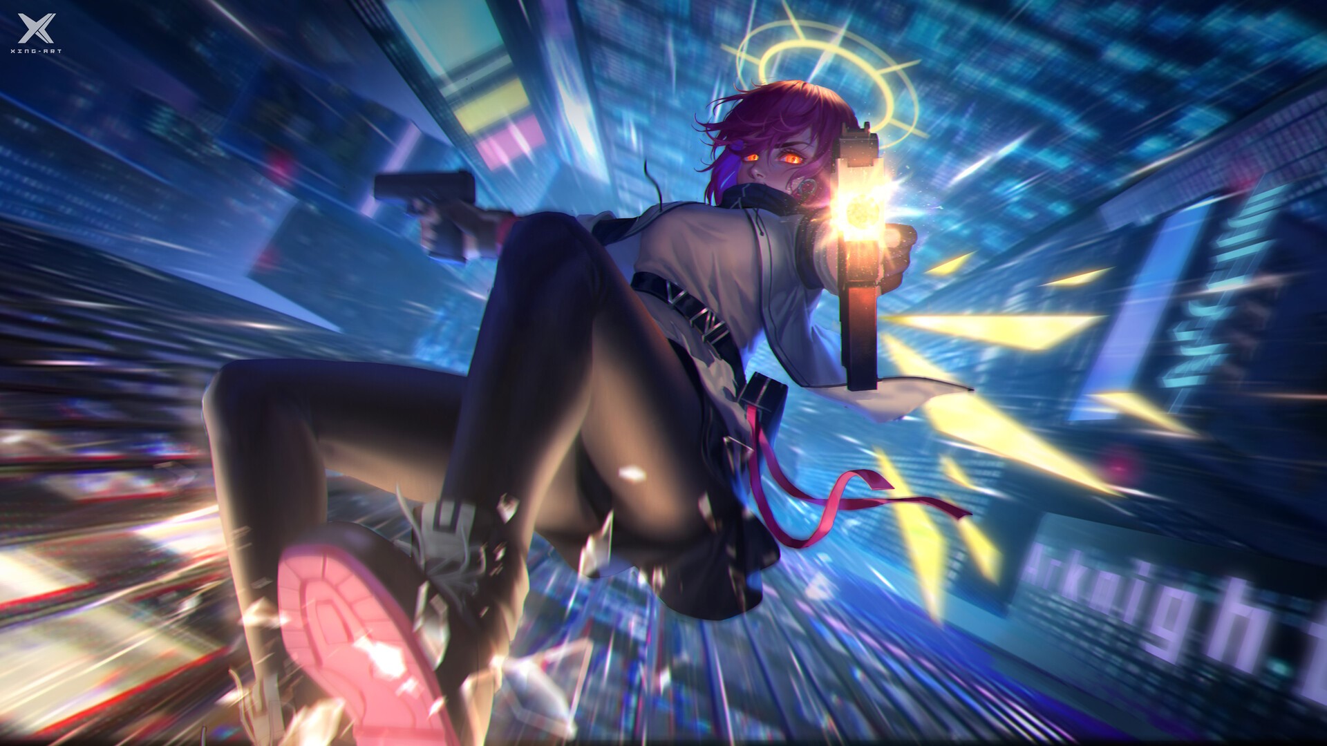 digital art, weapon, belt, shards, glass, short hair, Arknights, Exusiai (Arknights), HD Wallpaper