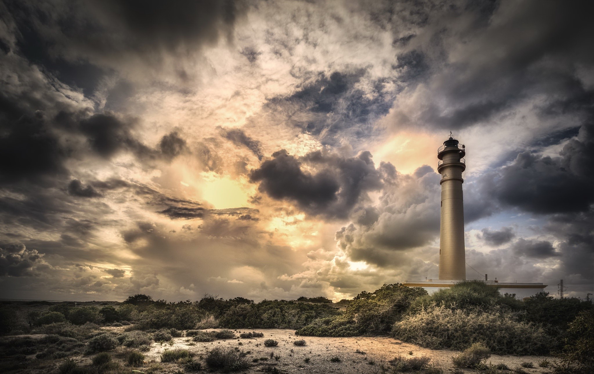sky, sunlight, Spain, Andalusia, lighthouse, outdoors, HD Wallpaper
