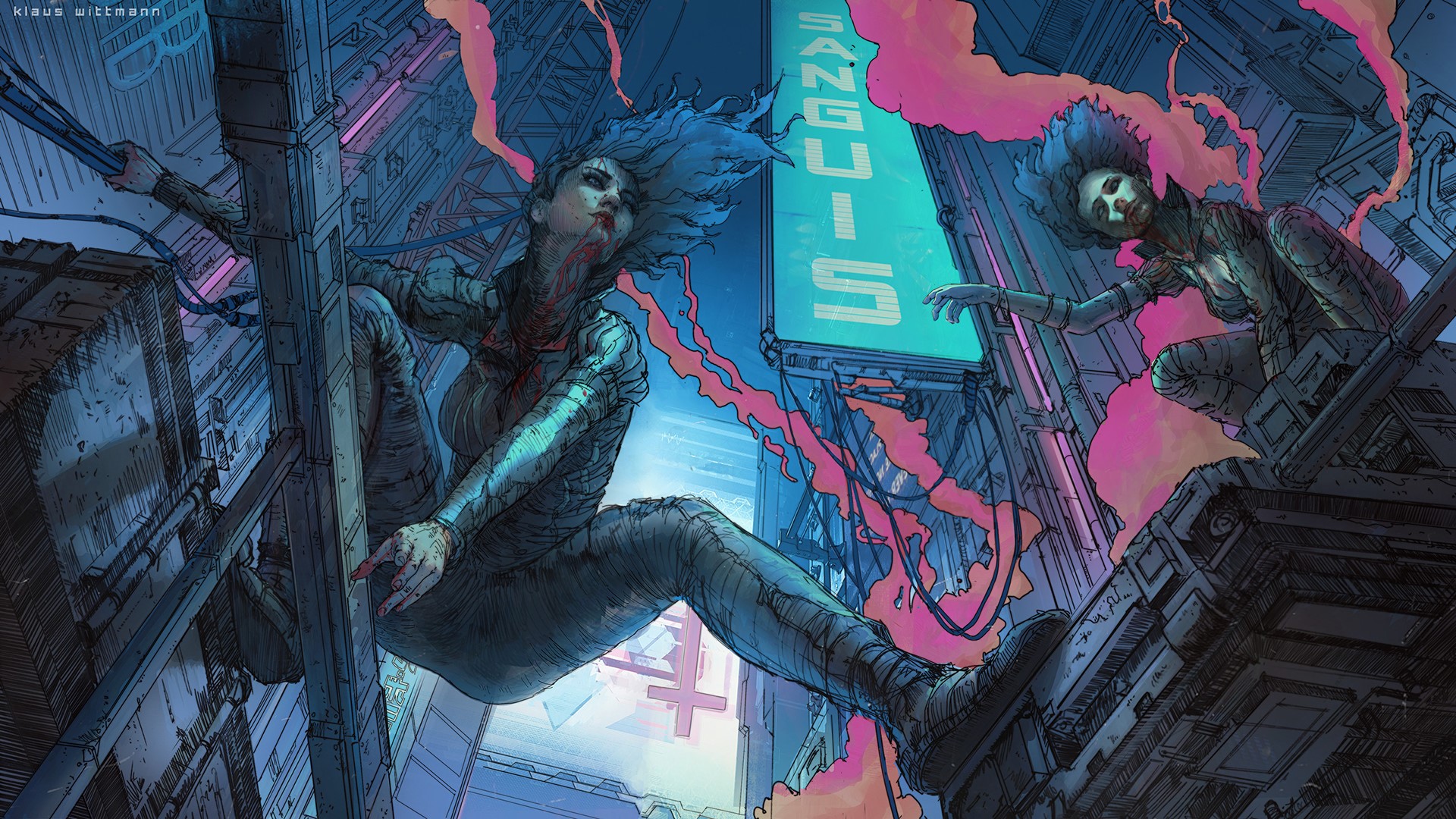 digital art, smoke, long hair, building, Klaus Wittmann, blue, HD Wallpaper