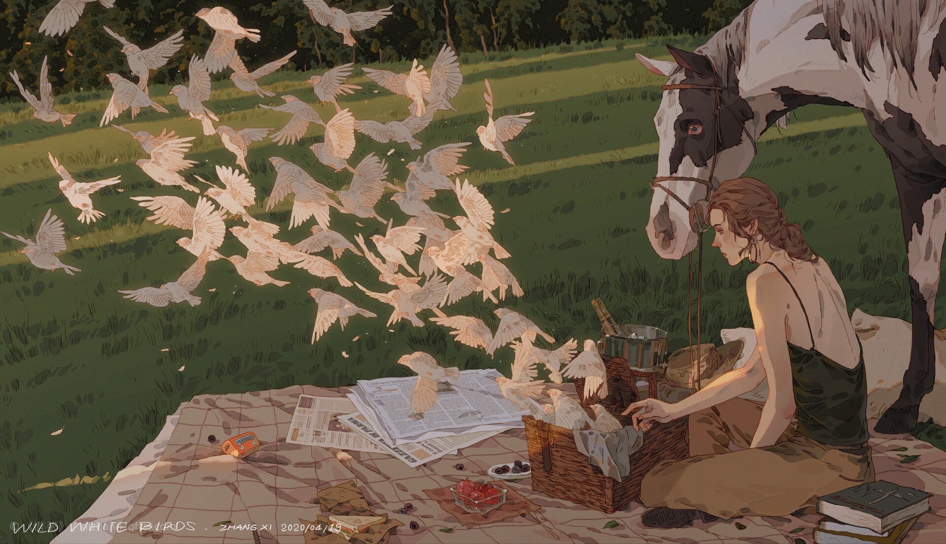 artwork, digital art, birds, horse, picnic, HD Wallpaper