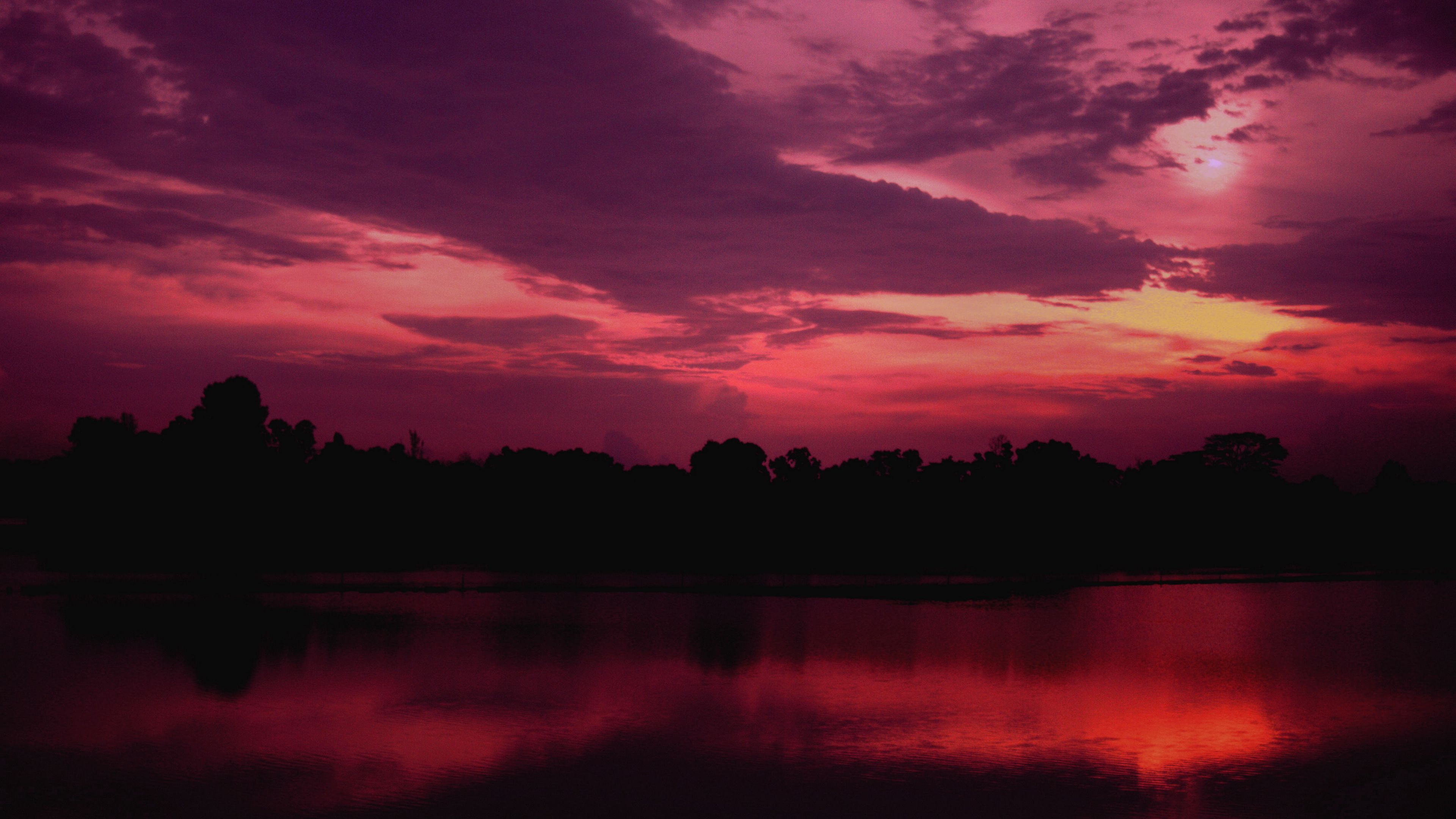 twilight, lake, trees, sunset, sky, purple, dark, 4k, HD Wallpaper