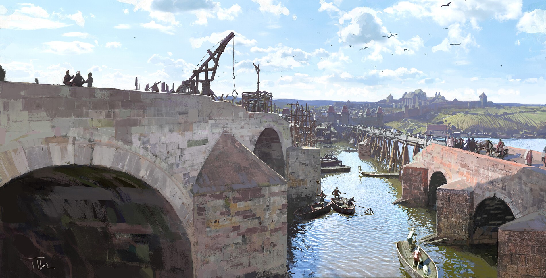 artwork, digital art, medieval, river, boat, HD Wallpaper