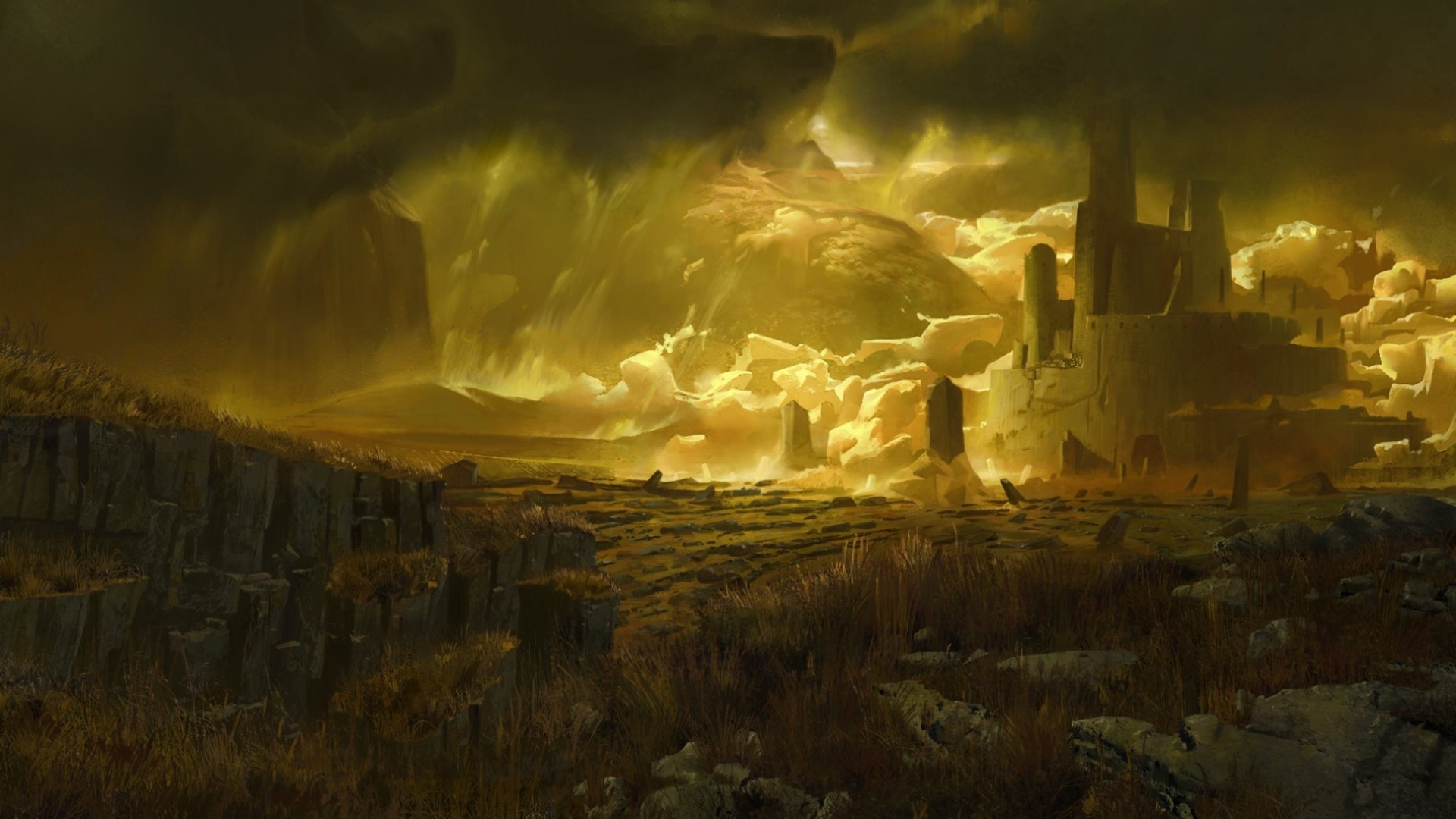 digital art, fantasy art, nature, landscape, castle, storm, rock, Elijah McNeal, HD Wallpaper
