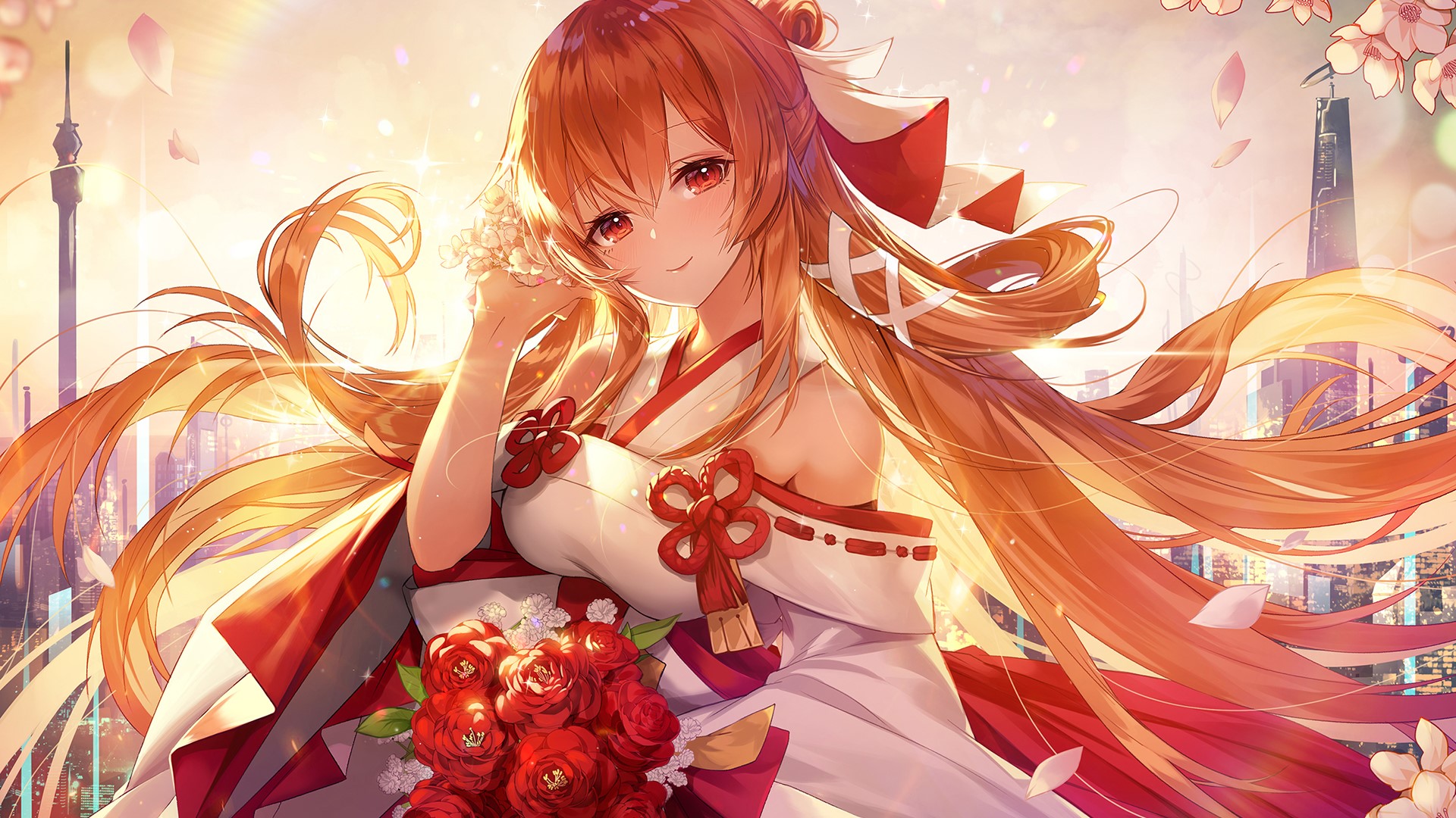 long hair, Japanese clothes, red eyes, redhead, roses, flowers, anime, HD Wallpaper