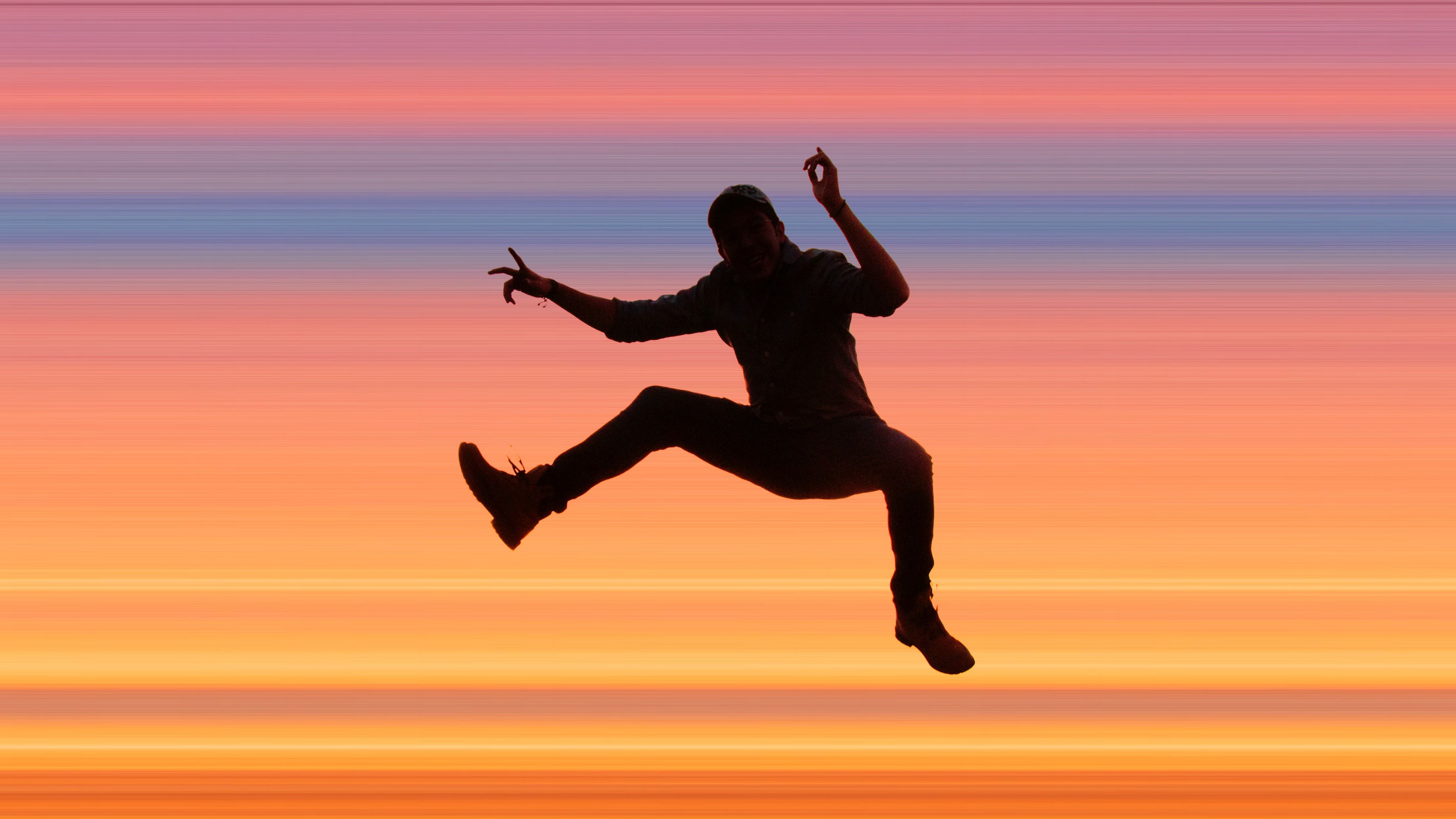 silhouette, jump, dark, stripes, colorful, background, 4k, HD Wallpaper